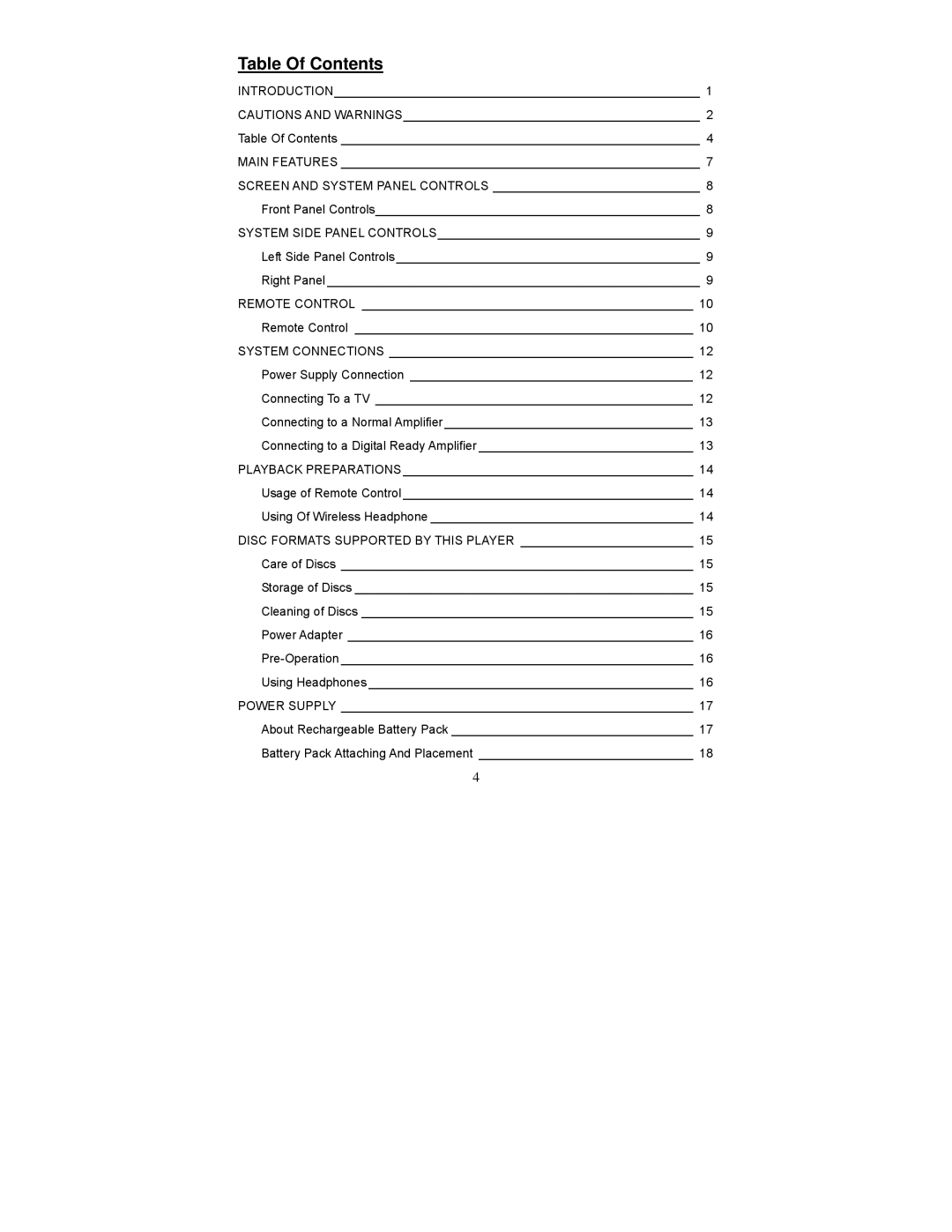 Audiovox D1750T owner manual Table Of Contents 