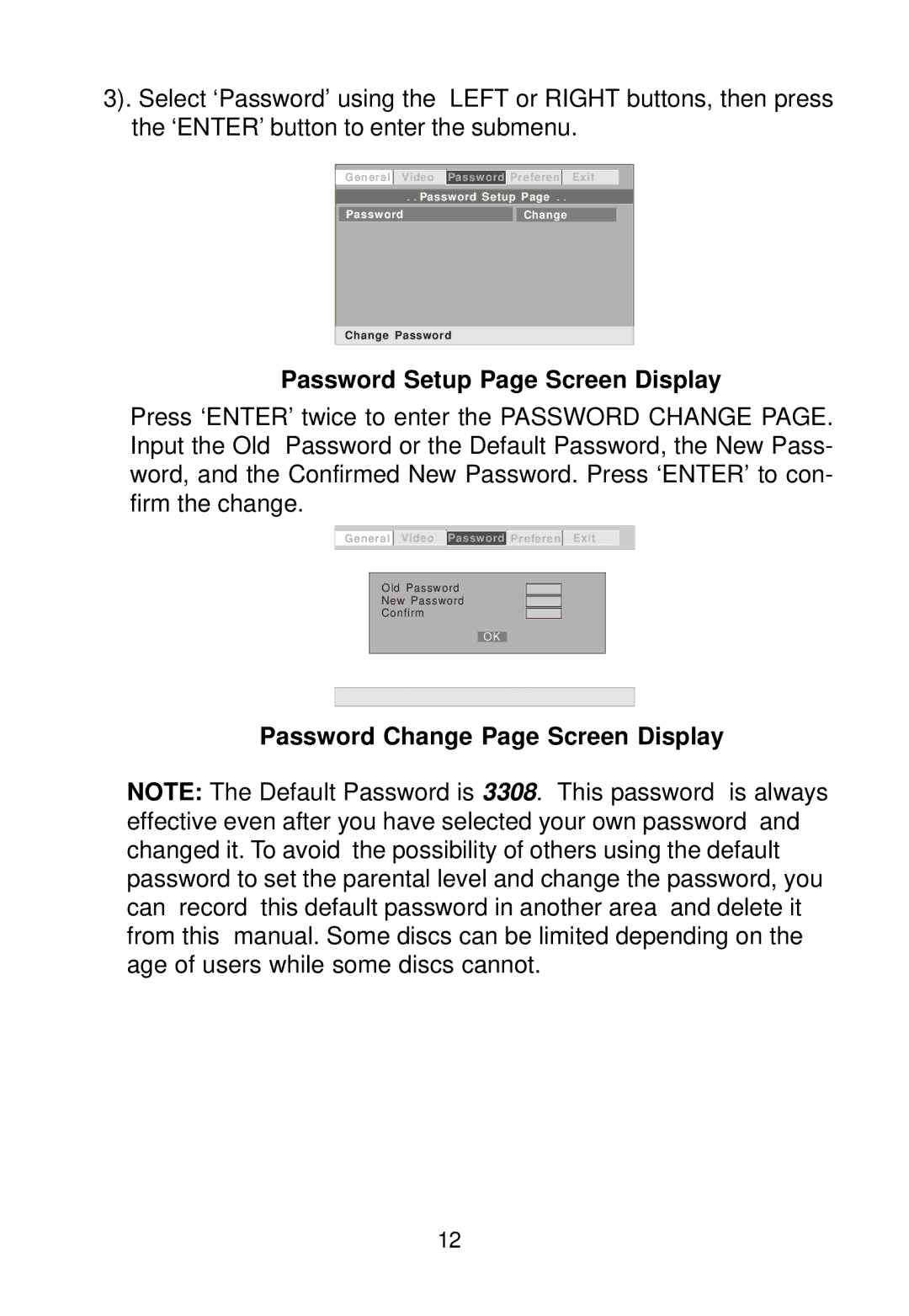 Audiovox D1788 manual Password Setup Page Screen Display, Password Change Page Screen Display 