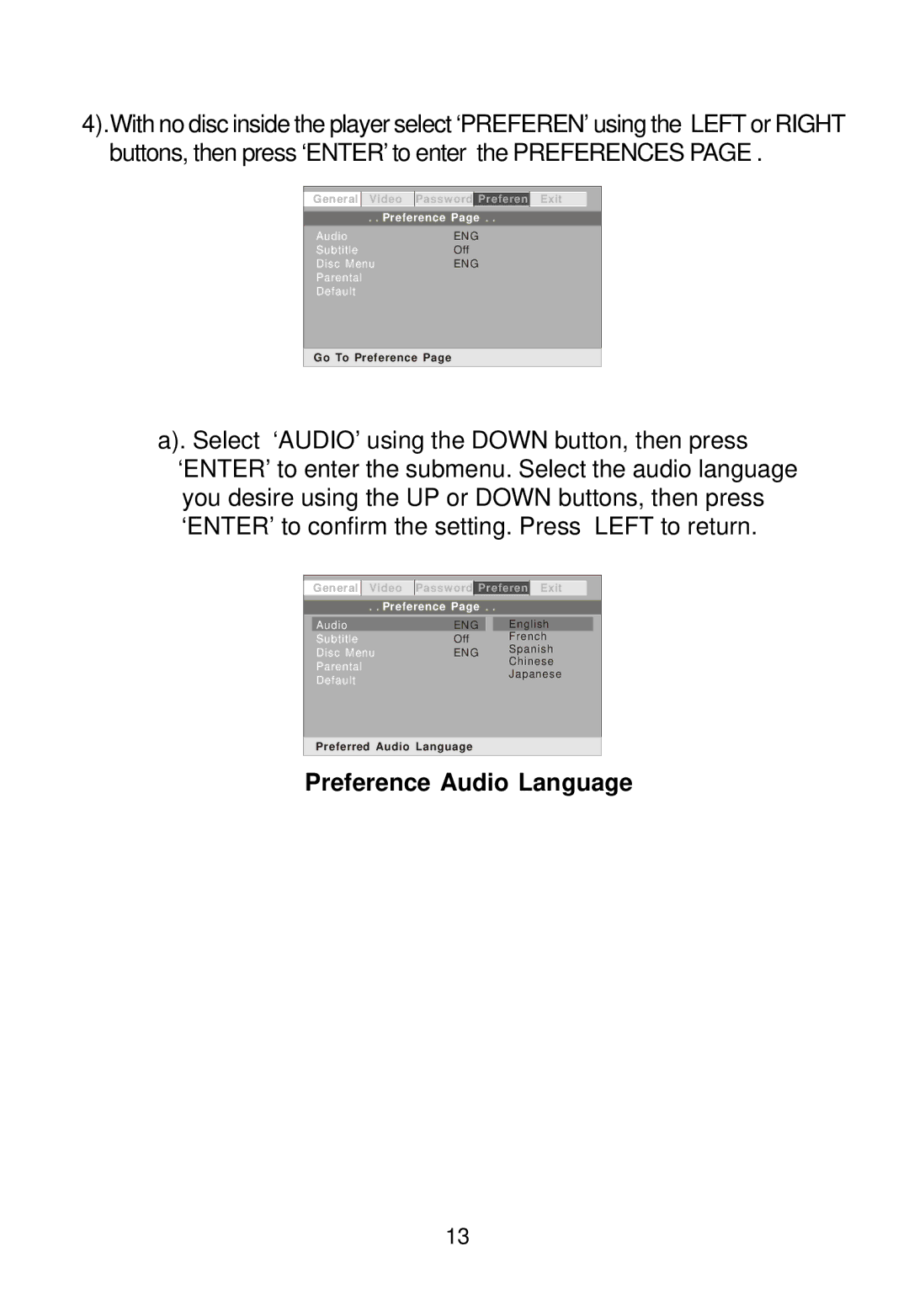 Audiovox D1788 manual Preference Audio Language 