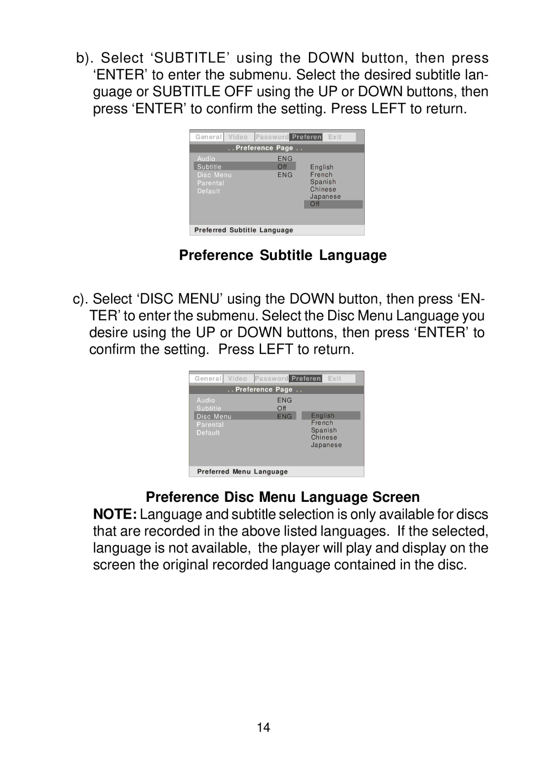 Audiovox D1788 manual Preference Subtitle Language, Preference Disc Menu Language Screen 