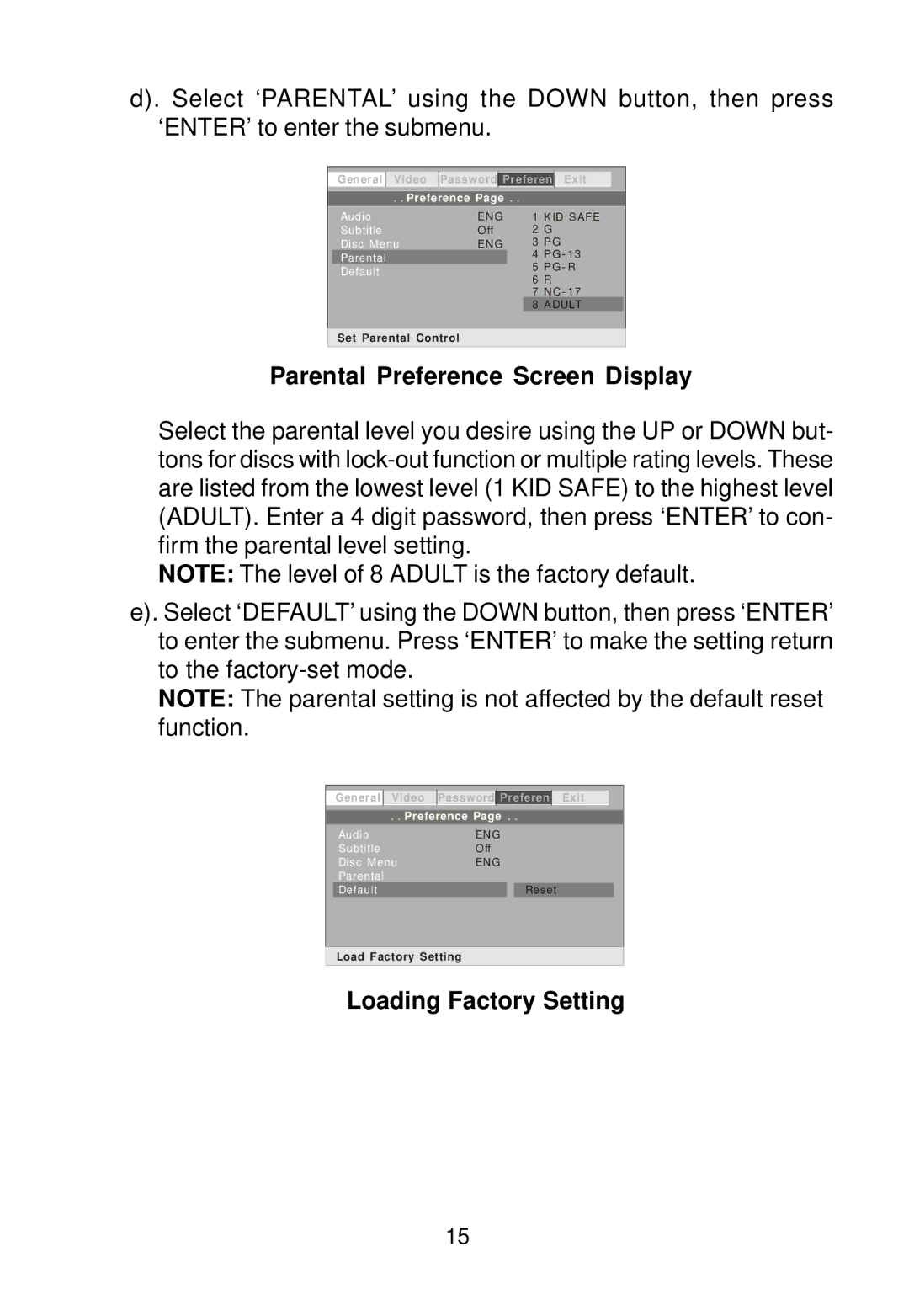 Audiovox D1788 manual Parental Preference Screen Display, Loading Factory Setting 