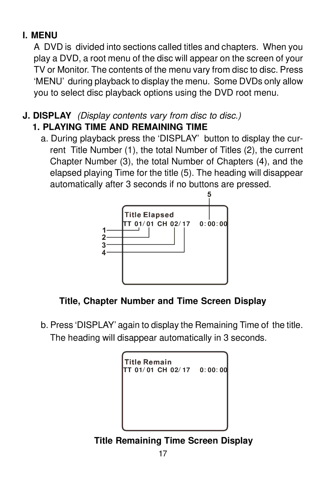 Audiovox D1788 manual Menu, Playing Time and Remaining Time, Title, Chapter Number and Time Screen Display 