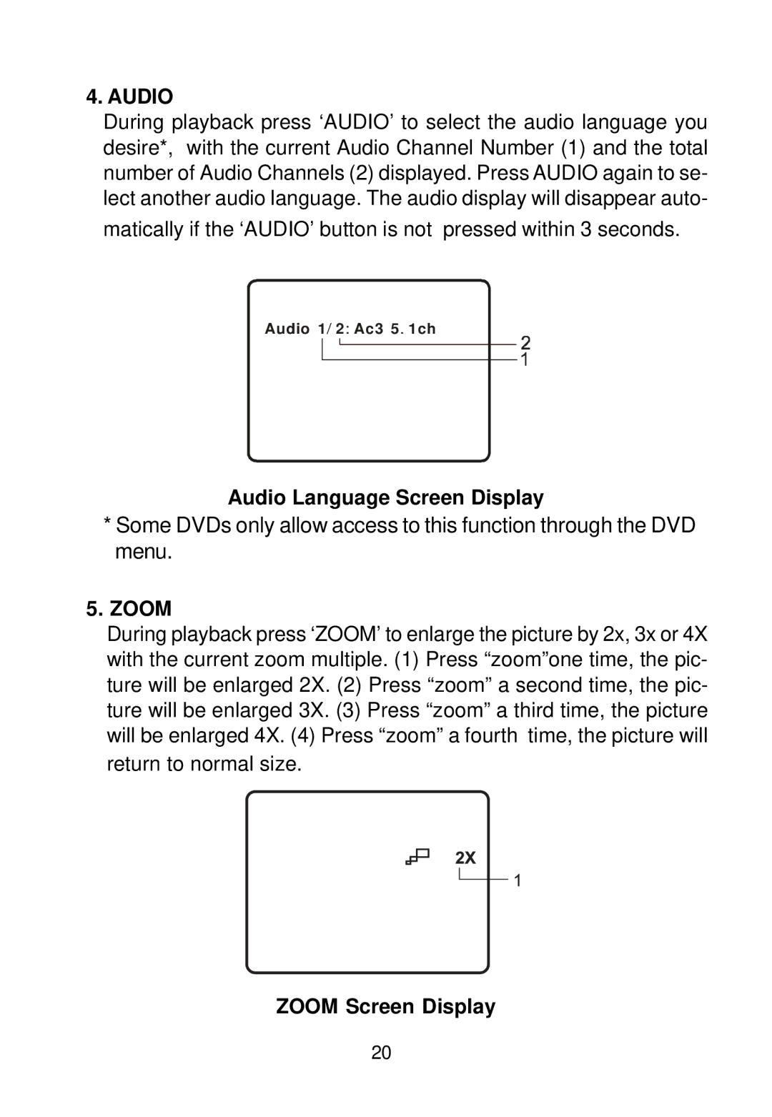 Audiovox D1788 manual Audio Language Screen Display, Zoom Screen Display 