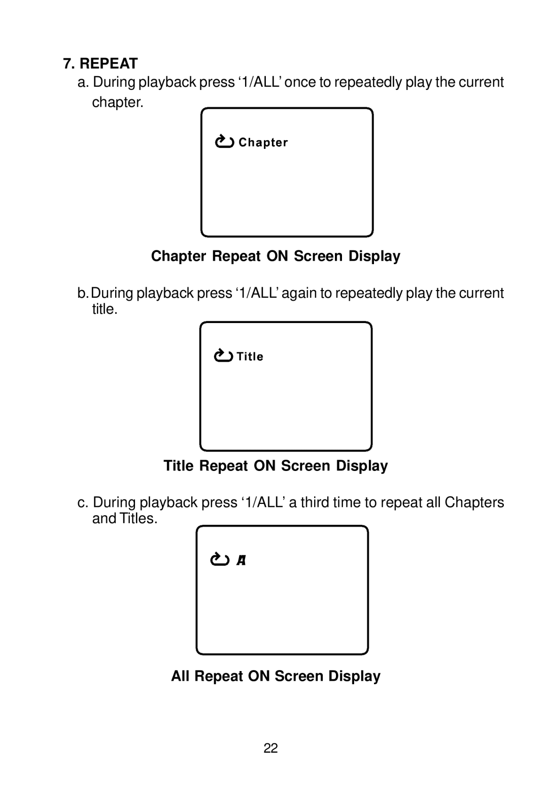 Audiovox D1788 manual Chapter Repeat on Screen Display, Title Repeat on Screen Display, All Repeat on Screen Display 
