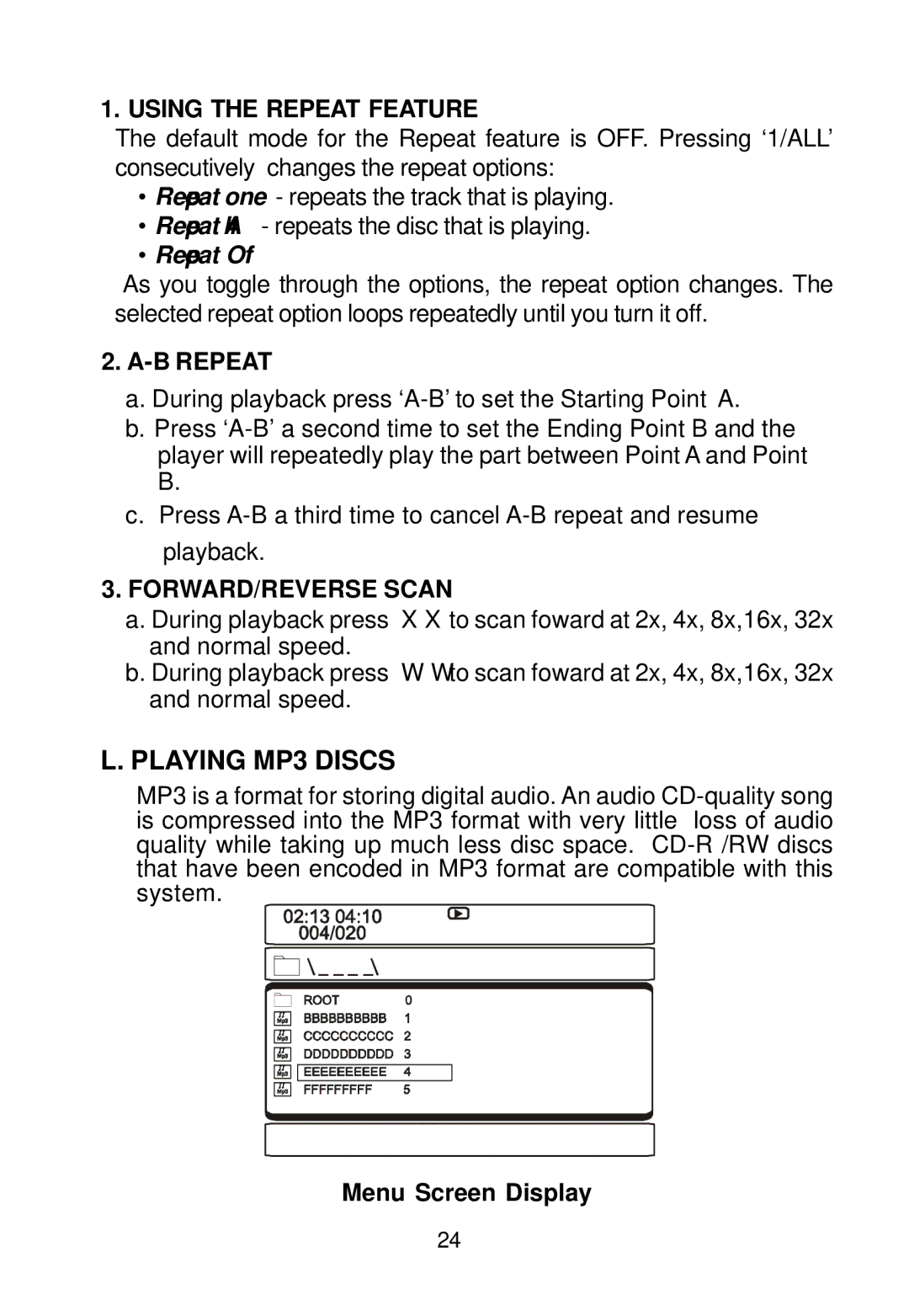 Audiovox D1788 manual Using the Repeat Feature, Menu Screen Display 