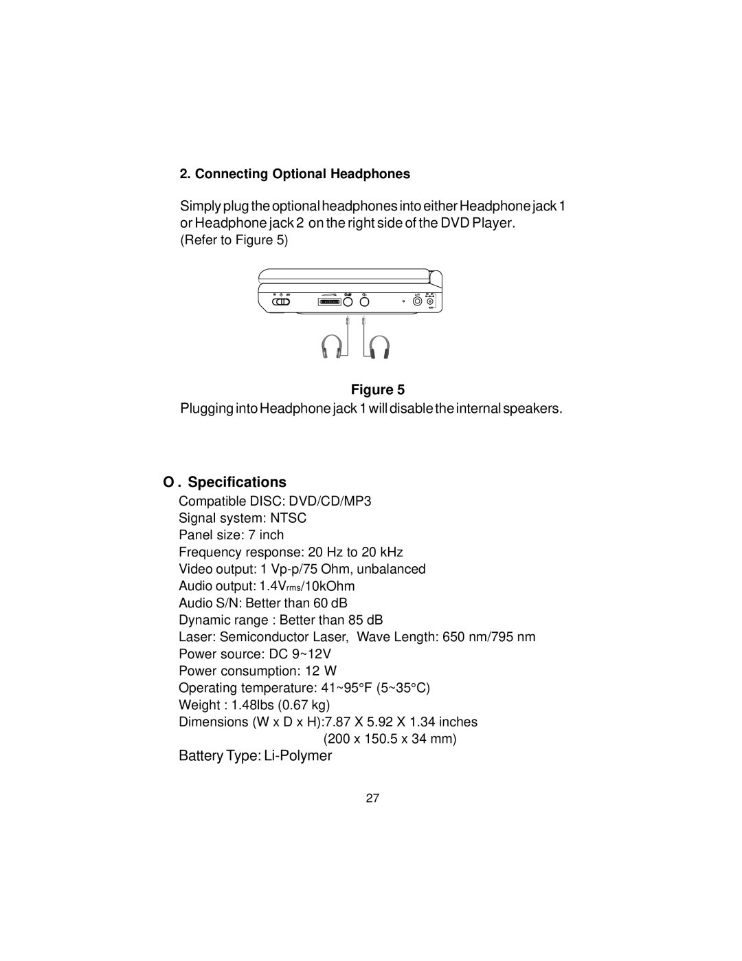 Audiovox D1788 manual Specifications, Connecting Optional Headphones 