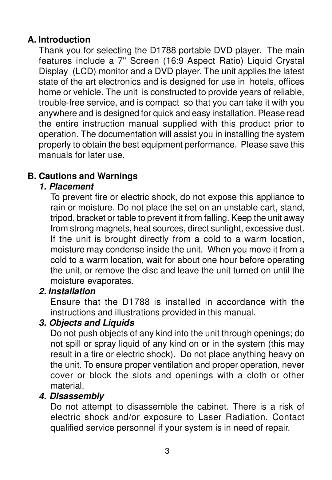 Audiovox D1788 manual Introduction, Placement 