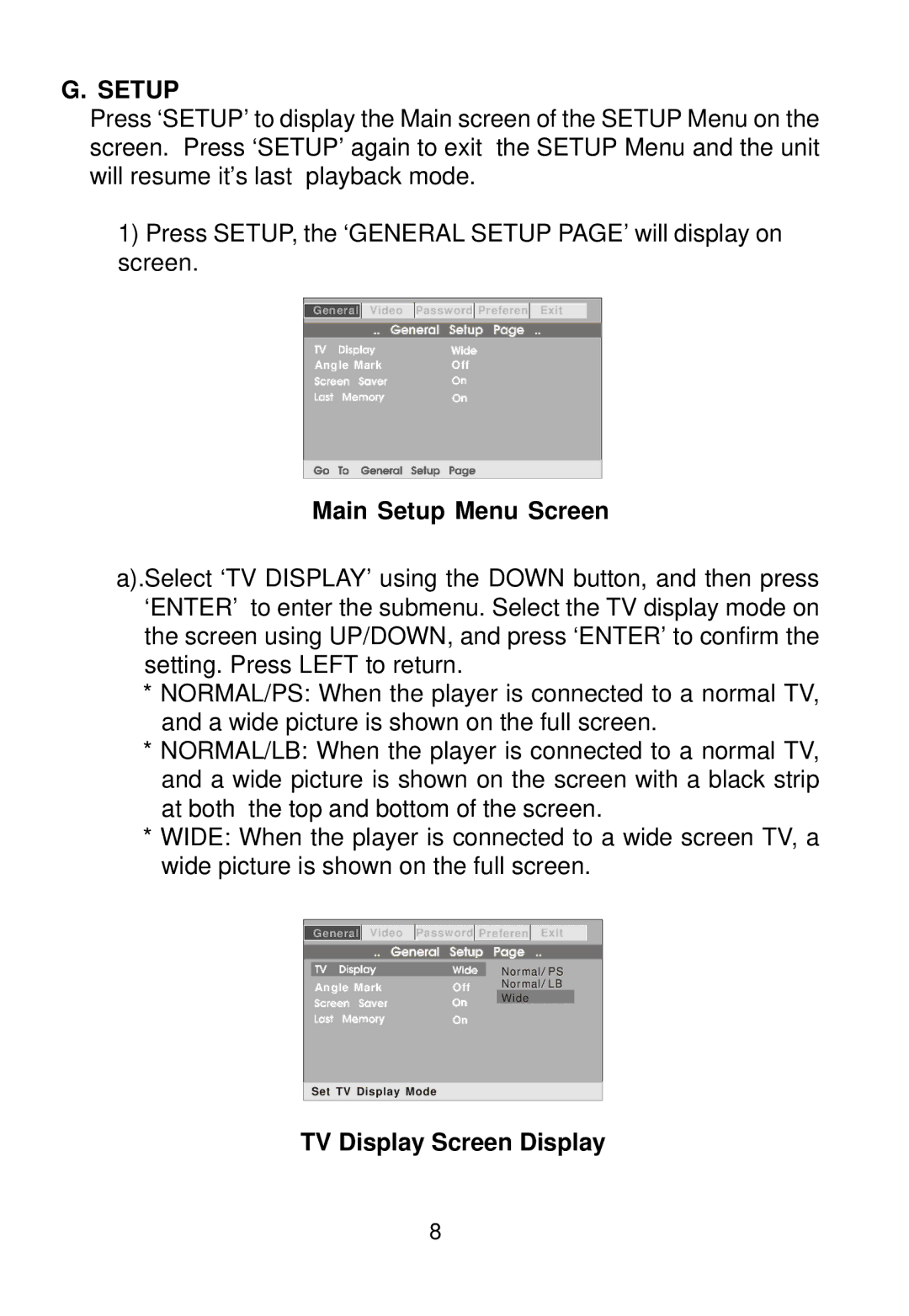 Audiovox D1788 manual Main Setup Menu Screen, TV Display Screen Display 