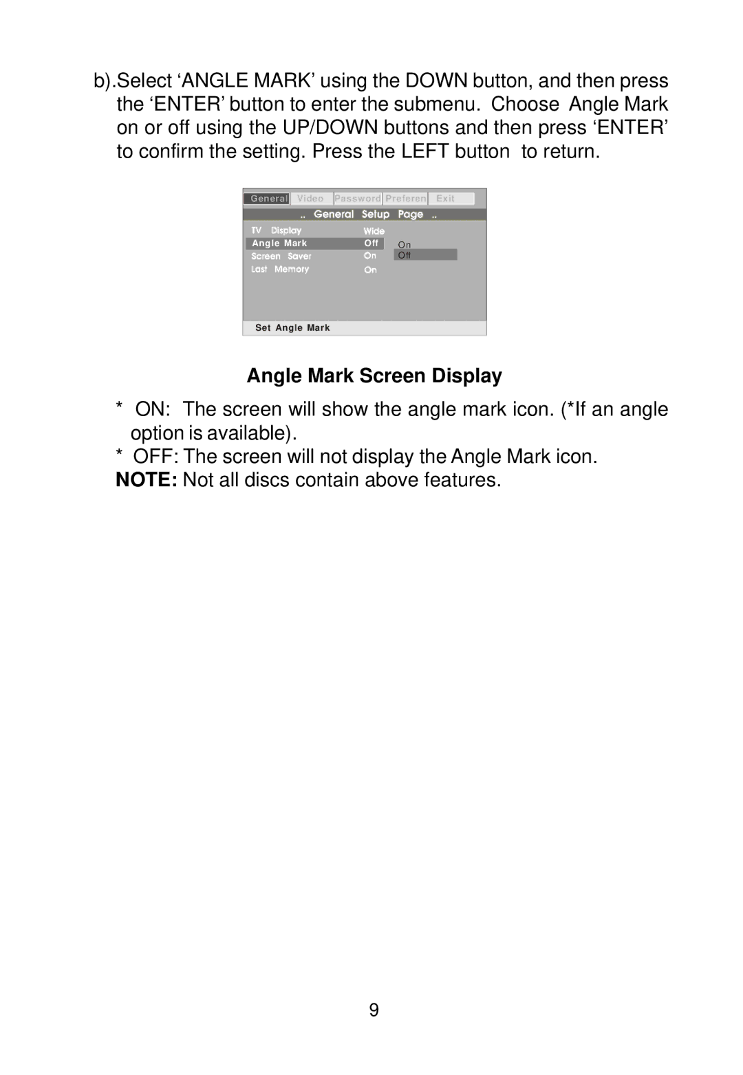 Audiovox D1788 manual Angle Mark Screen Display 