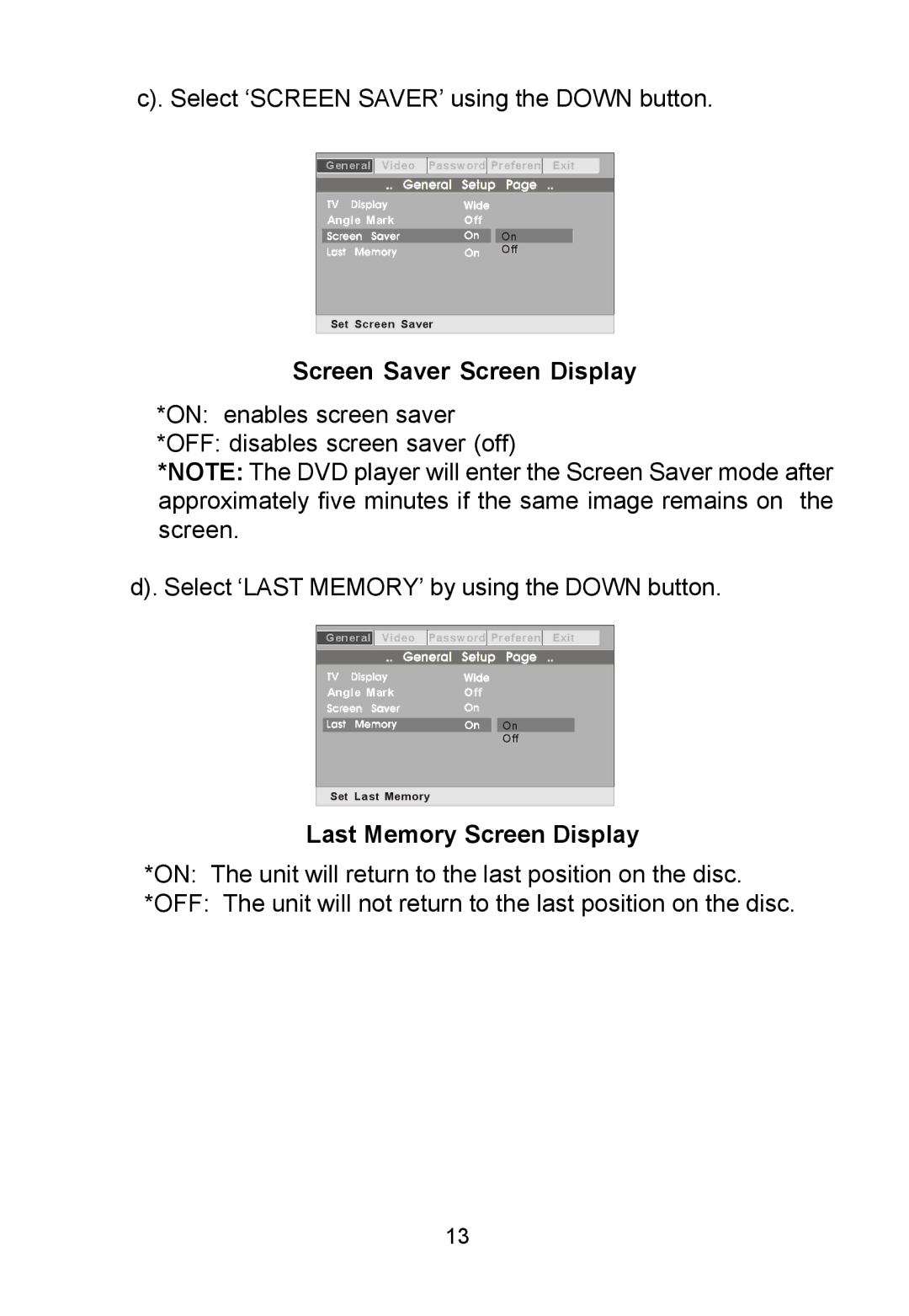 Audiovox D1788ES manual Screen Saver Screen Display, Last Memory Screen Display 