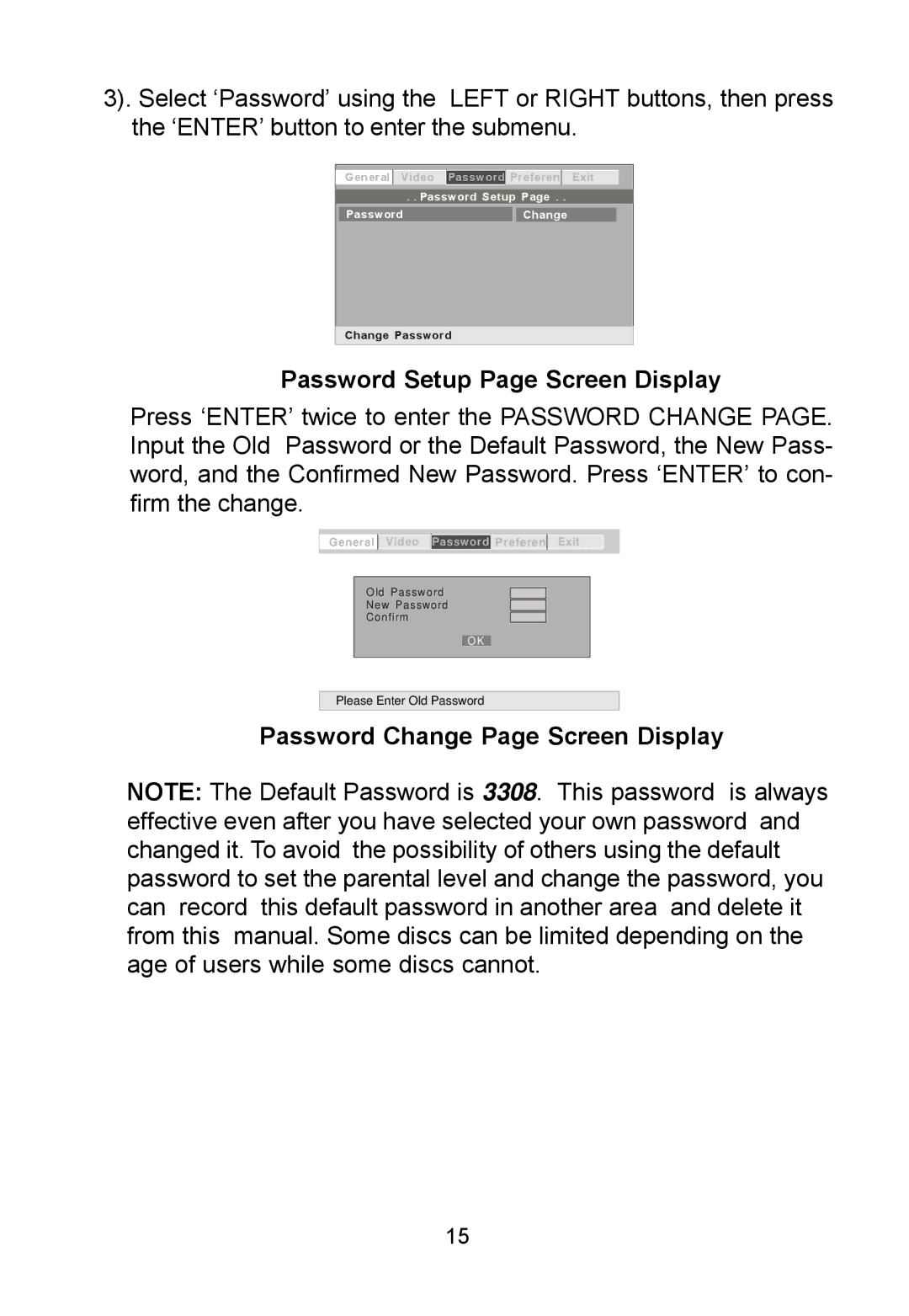 Audiovox D1788ES manual Password Setup Page Screen Display, Password Change Page Screen Display 