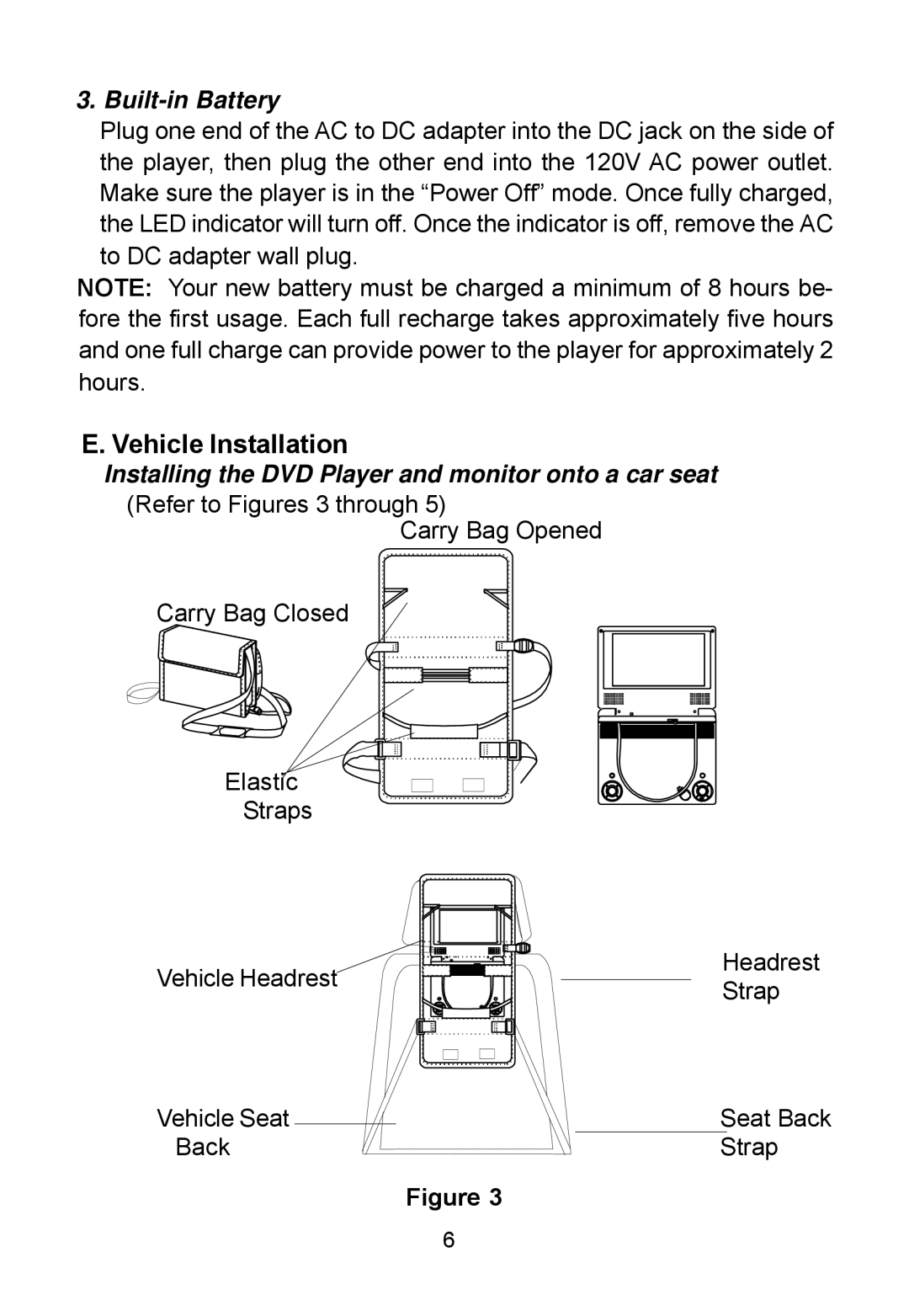 Audiovox D1788ES manual Vehicle Installation, Built-in Battery 