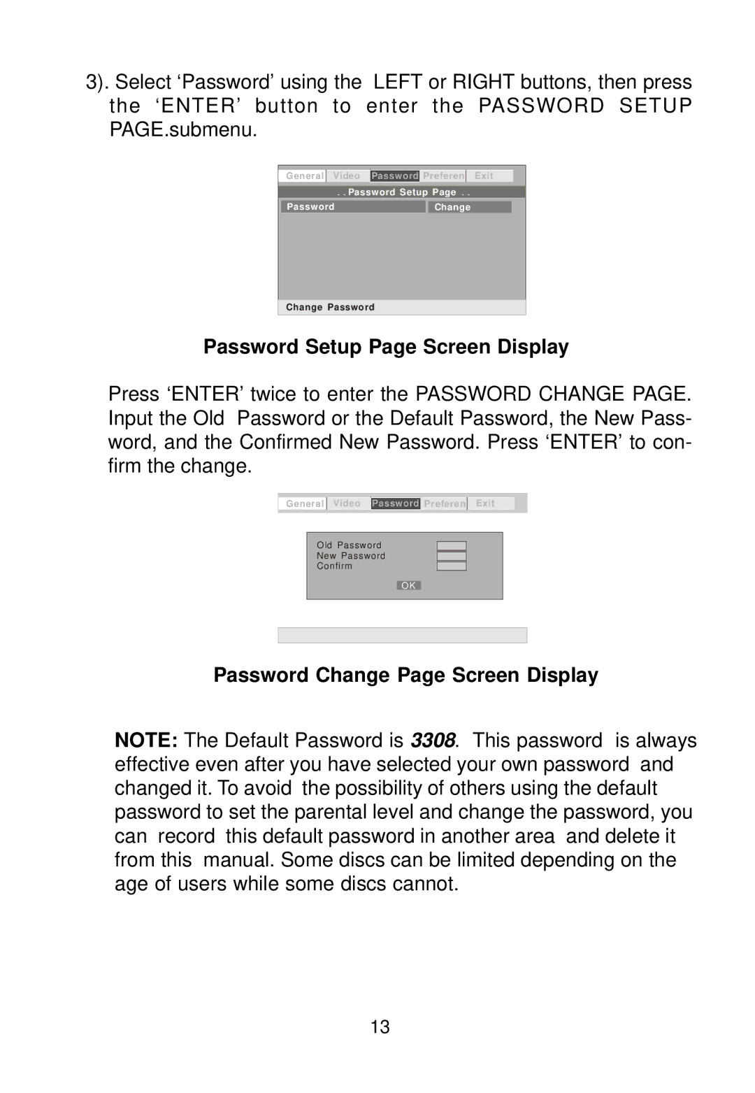 Audiovox D1788PK manual Password Setup Page Screen Display, Password Change Page Screen Display 