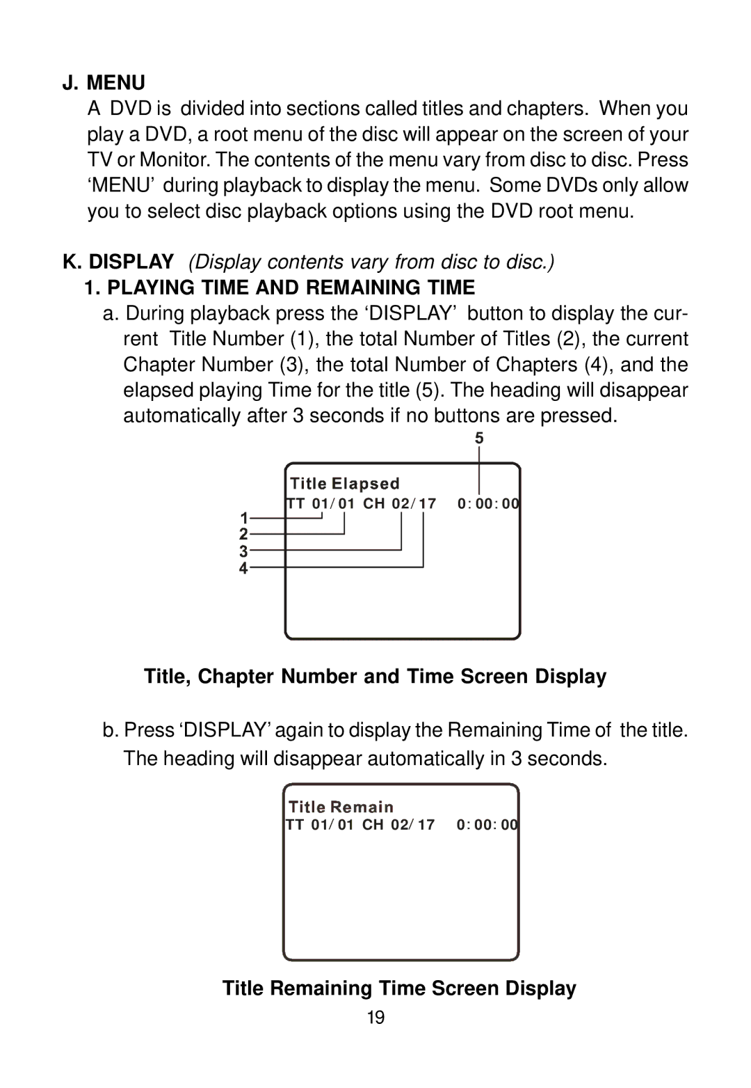 Audiovox D1788PK manual Menu, Playing Time and Remaining Time, Title, Chapter Number and Time Screen Display 