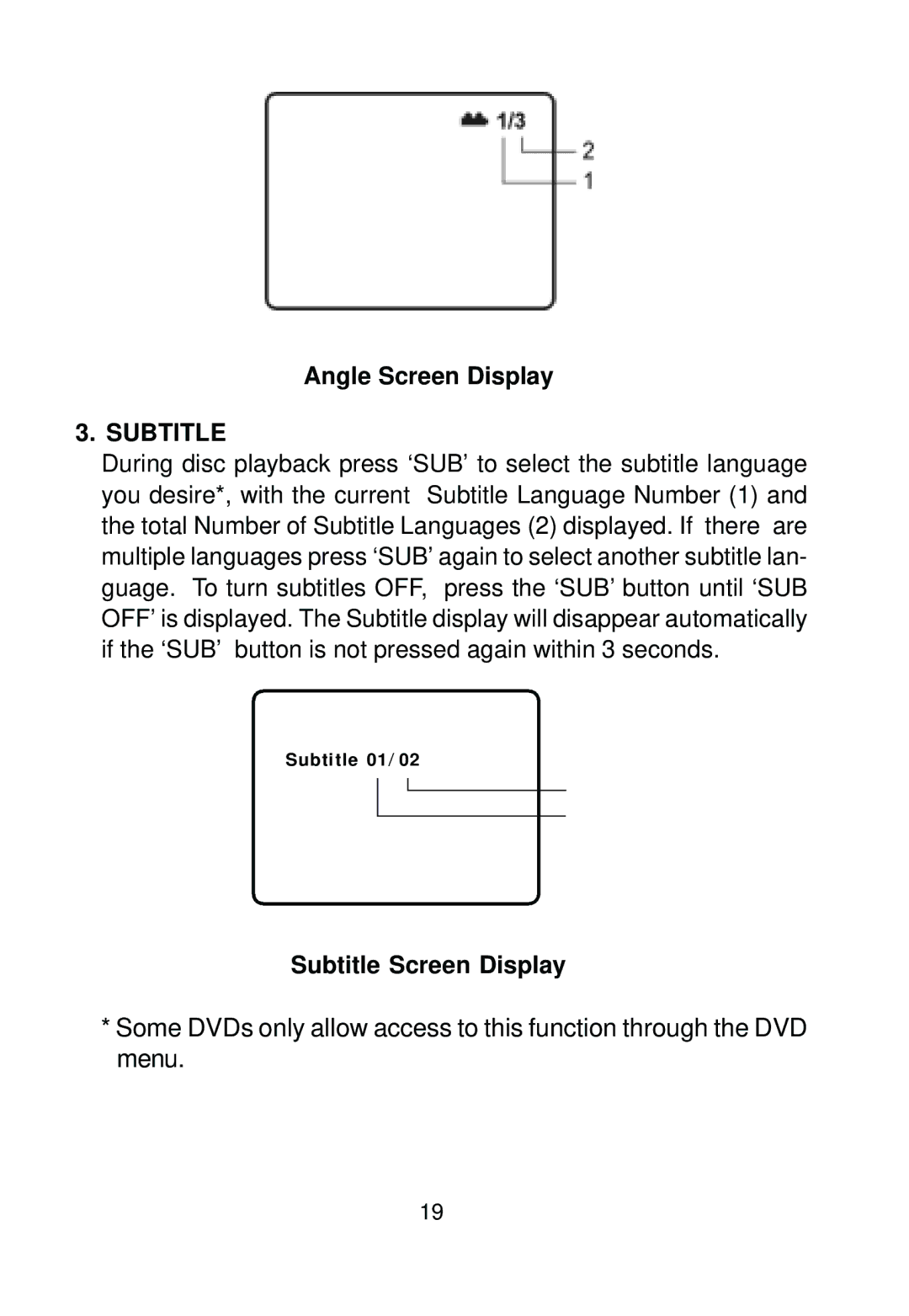 Audiovox D1788PK manual Angle Screen Display, Subtitle Screen Display 