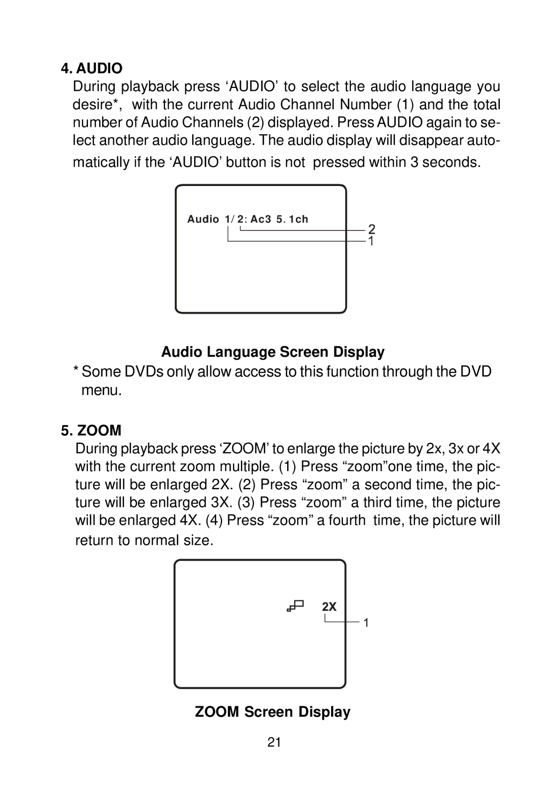 Audiovox D1788PK manual Audio Language Screen Display, Zoom Screen Display 