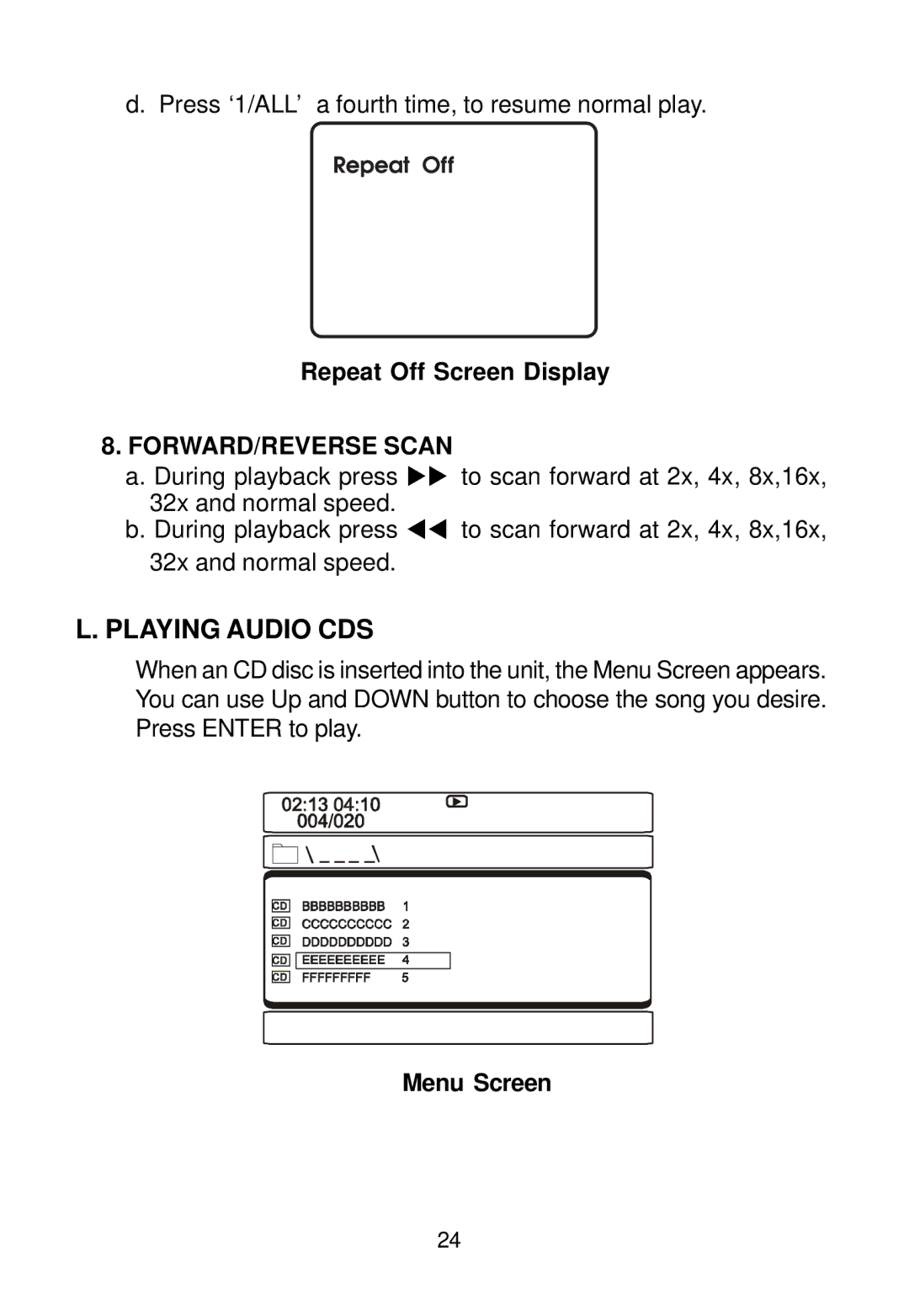 Audiovox D1788PK manual Repeat Off Screen Display, FORWARD/REVERSE Scan, Menu Screen 