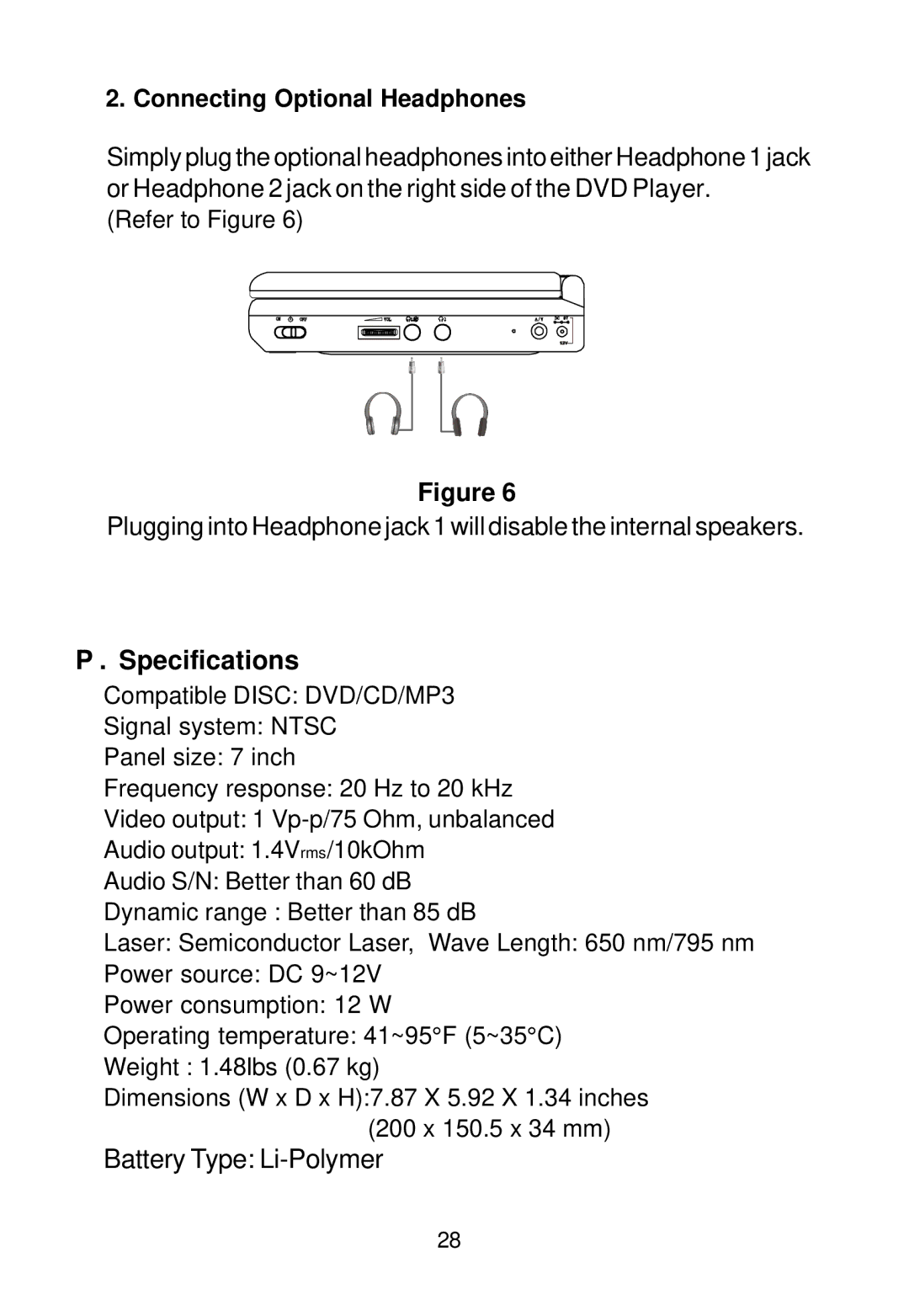 Audiovox D1788PK manual Specifications, Connecting Optional Headphones 