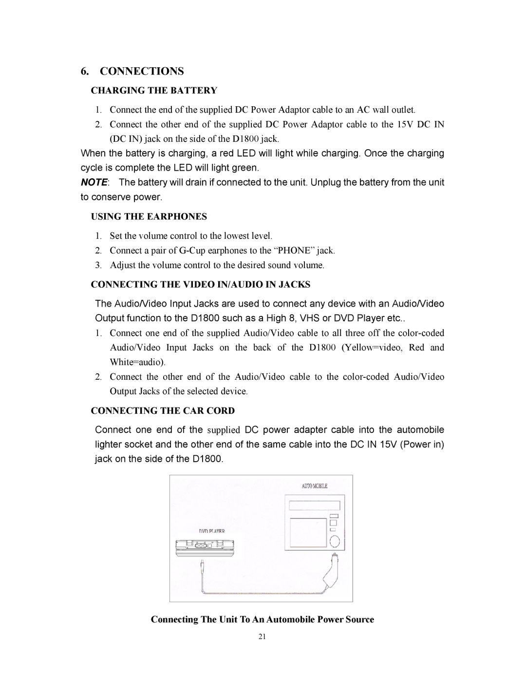 Audiovox D1800 user manual Connections, Charging the Battery, Using the Earphones, Connecting the Video IN/AUDIO in Jacks 