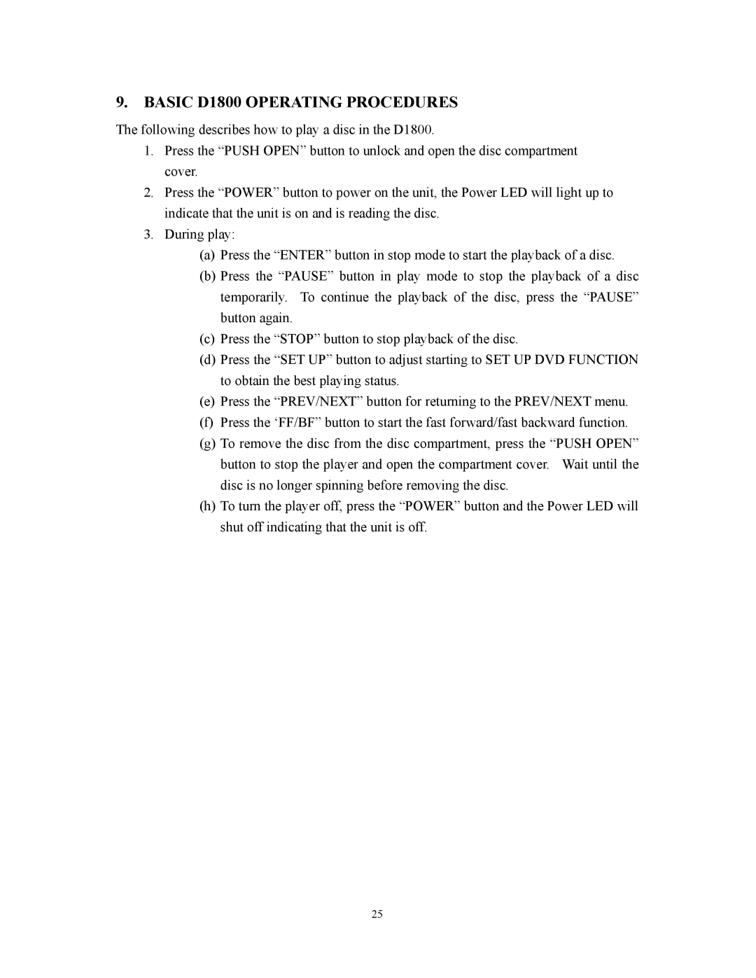 Audiovox user manual Basic D1800 Operating Procedures 