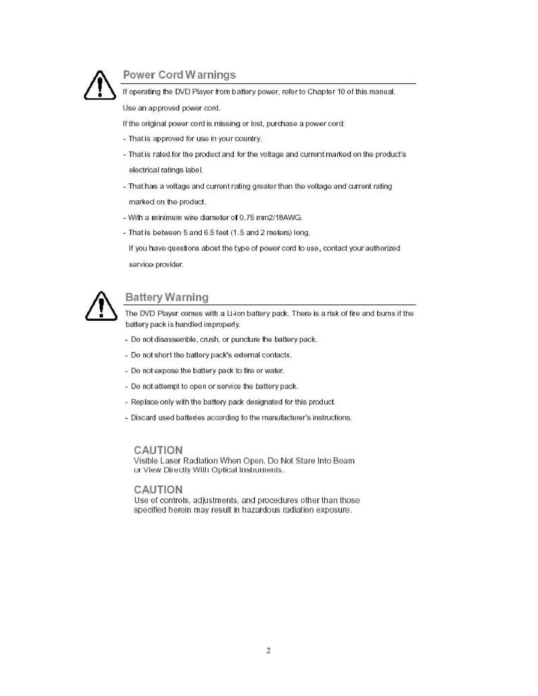 Audiovox D1800 user manual Power Cord Warnings 