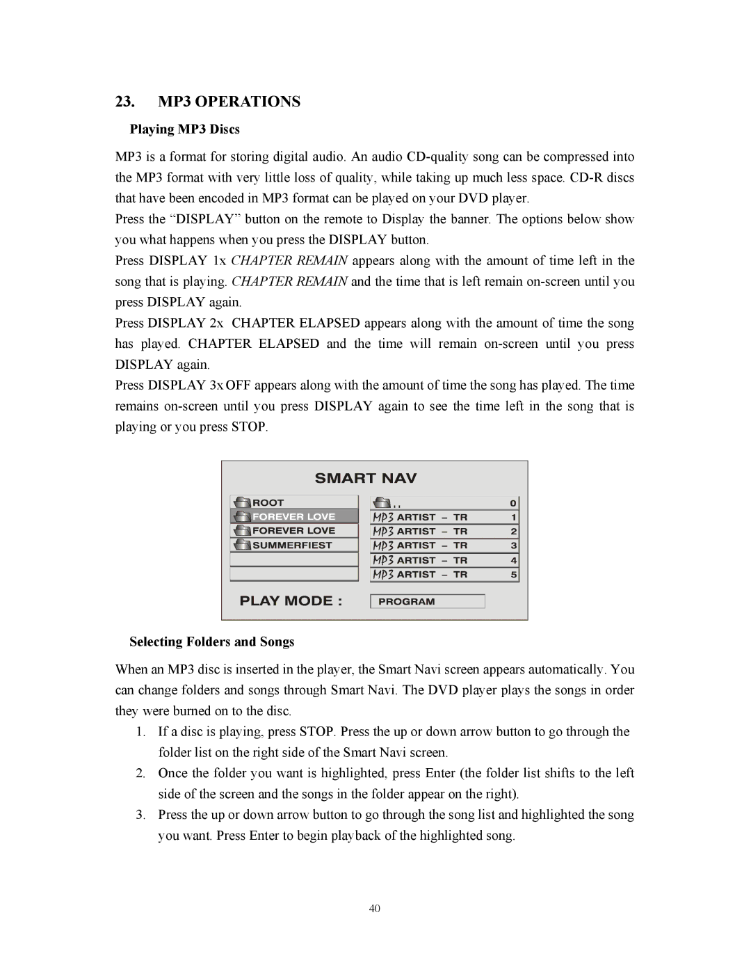 Audiovox D1800 user manual 23. MP3 Operations, Playing MP3 Discs, Selecting Folders and Songs 