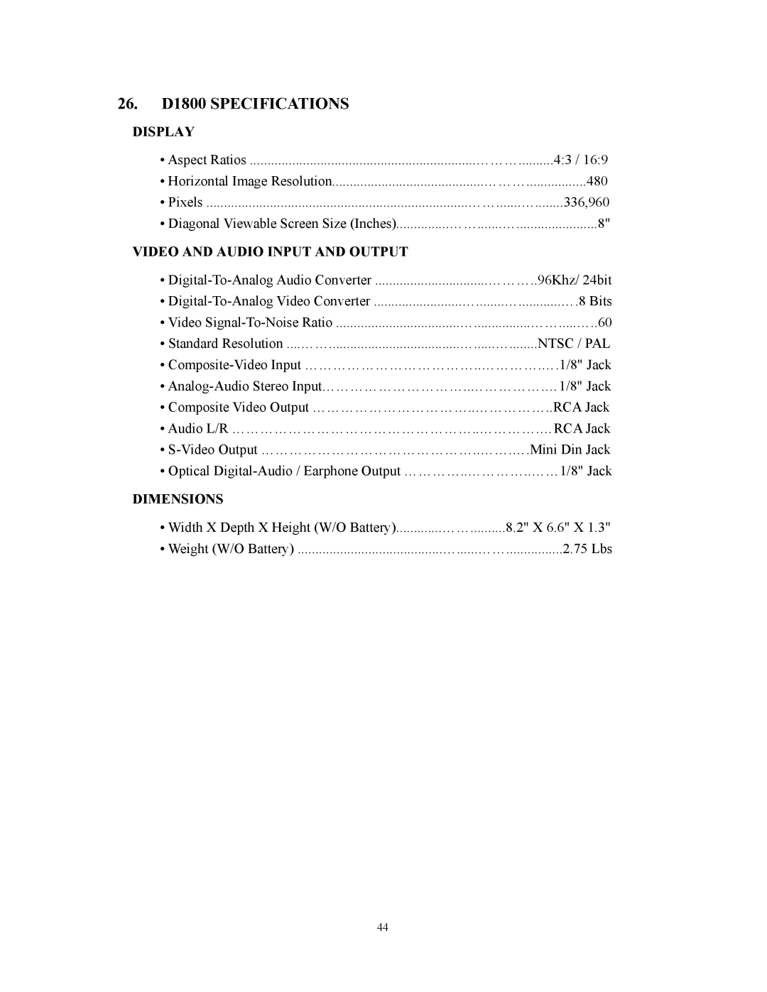 Audiovox user manual 26. D1800 Specifications, Display, Video and Audio Input and Output, Dimensions 