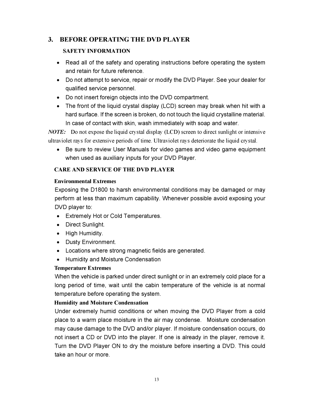 Audiovox D1800 user manual Before Operating the DVD Player, Safety Information, Care and Service of the DVD Player 