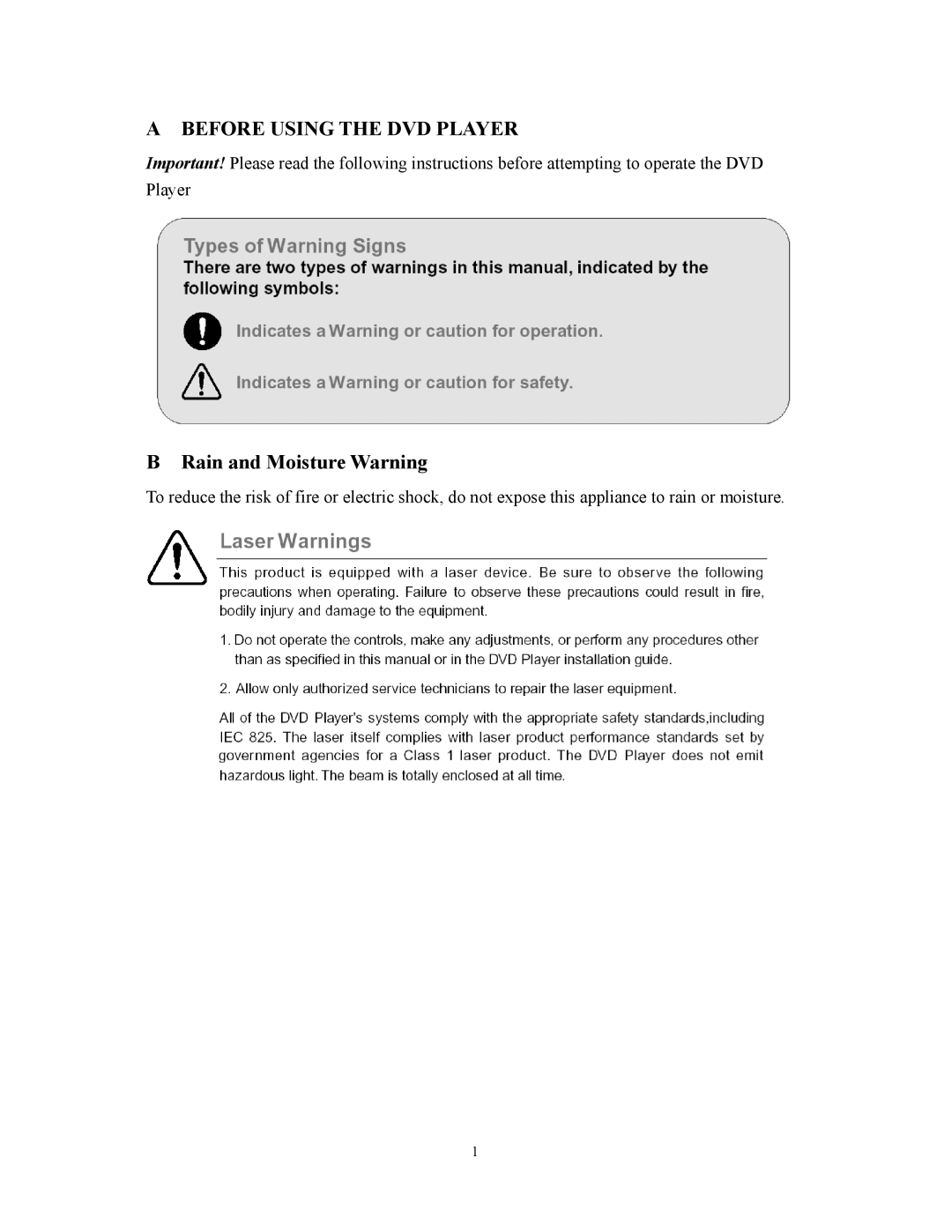 Audiovox D1800 user manual Before Using the DVD Player, Rain and Moisture Warning 