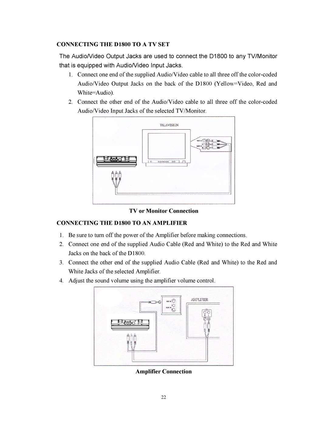 Audiovox user manual Connecting the D1800 to a TV SET, TV or Monitor Connection, Connecting the D1800 to AN Amplifier 