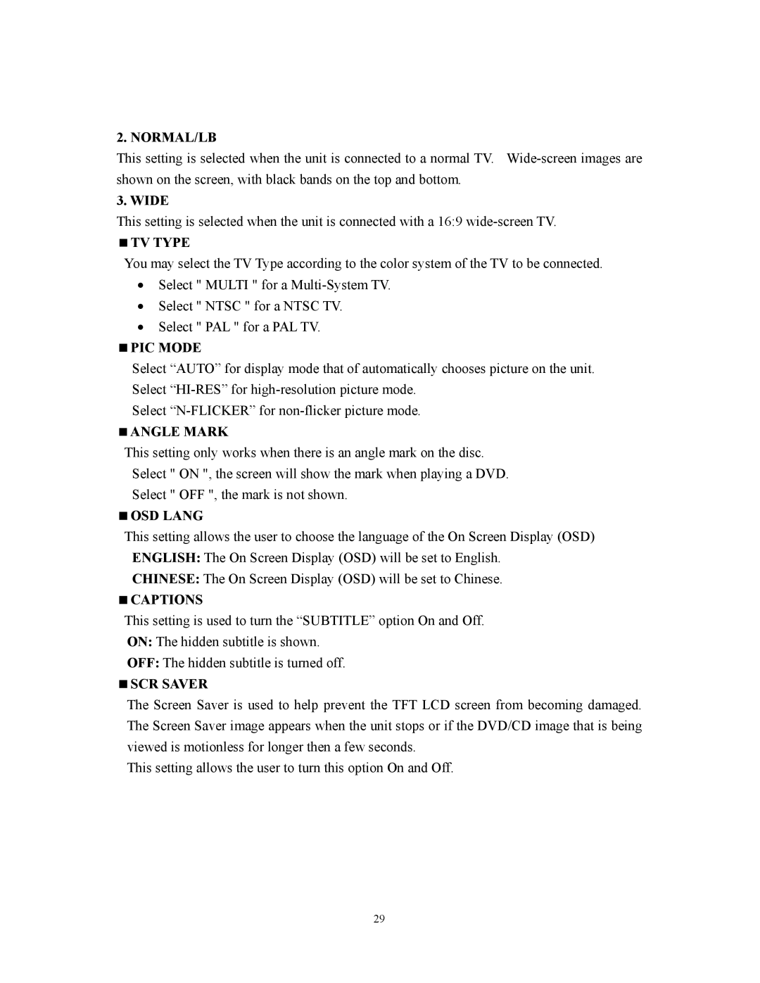 Audiovox D1800 user manual Normal/Lb, Wide, TV Type, PIC Mode, Angle Mark, OSD Lang, Captions, SCR Saver 