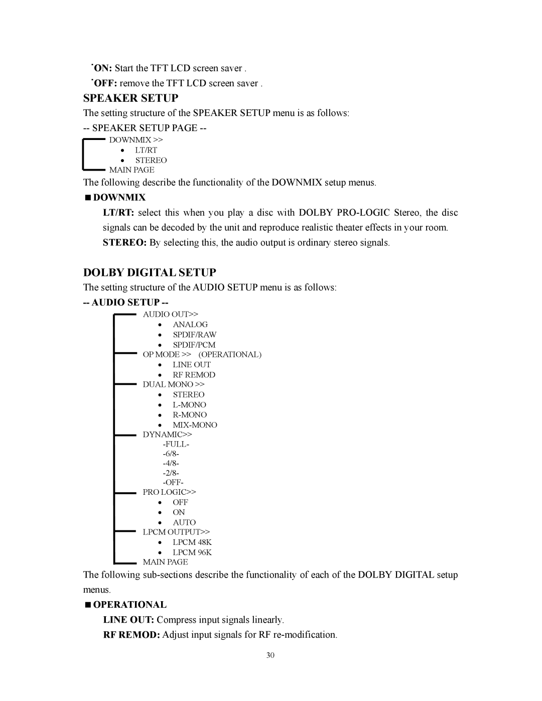 Audiovox D1800 user manual Speaker Setup, Dolby Digital Setup, Downmix, Audio Setup, Operational 