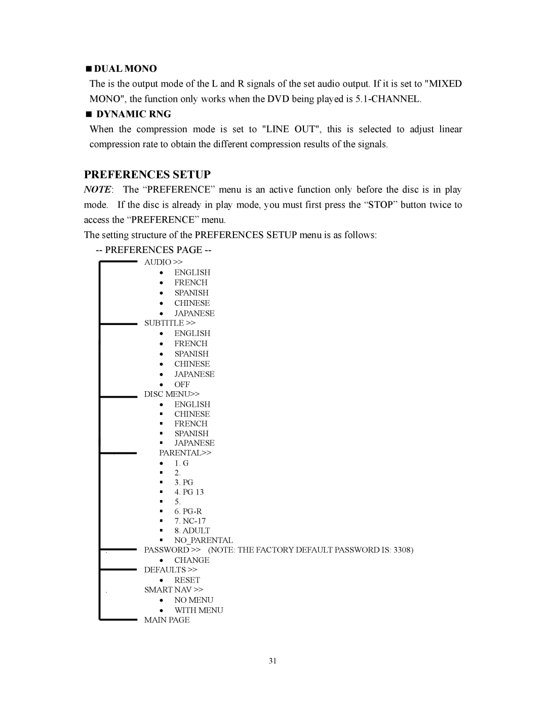 Audiovox D1800 user manual Preferences Setup, Dual Mono, Dynamic RNG 