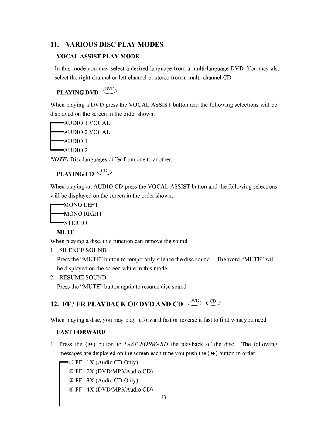 Audiovox D1800 user manual Various Disc Play Modes, FF / FR Playback of DVD and CD DVD CD 