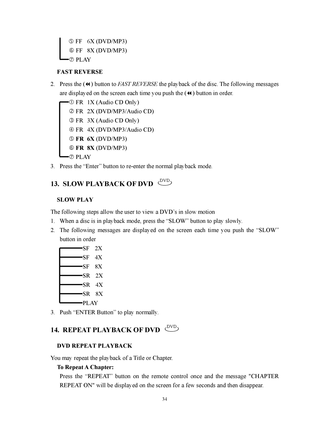 Audiovox D1800 user manual Slow Playback of DVD DVD, Repeat Playback of DVD DVD, Fast Reverse, DVD Repeat Playback 