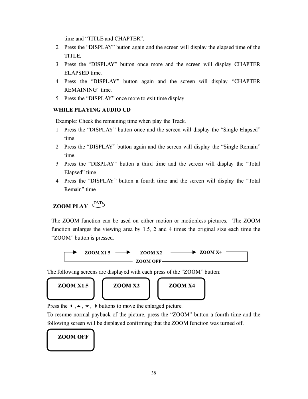 Audiovox D1800 user manual Zoom Play DVD, Press Buttons to move the enlarged picture, Zoom OFF 