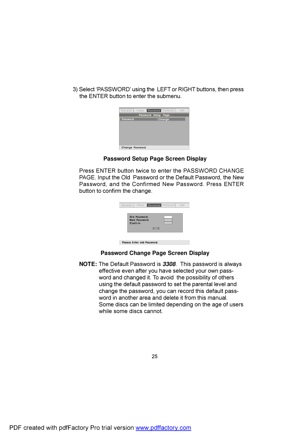 Audiovox D1809 manual Password Setup Page Screen Display, Password Change Page Screen Display 