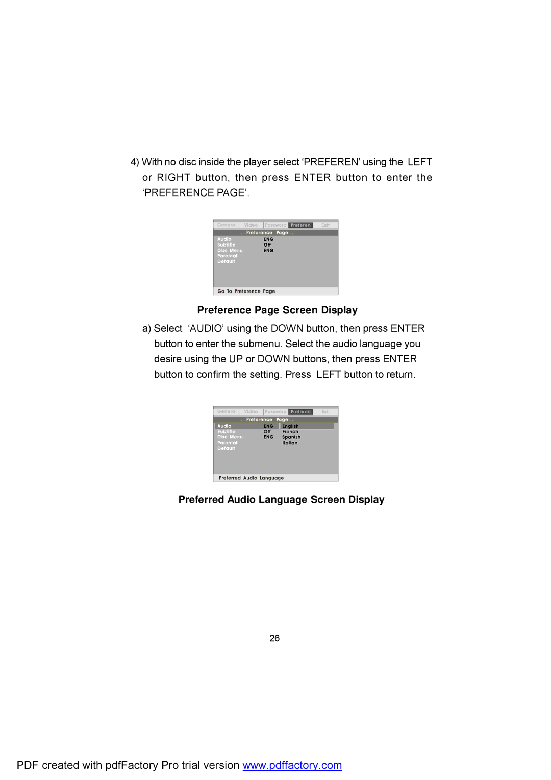 Audiovox D1809 manual Preference Page Screen Display, Preferred Audio Language Screen Display 