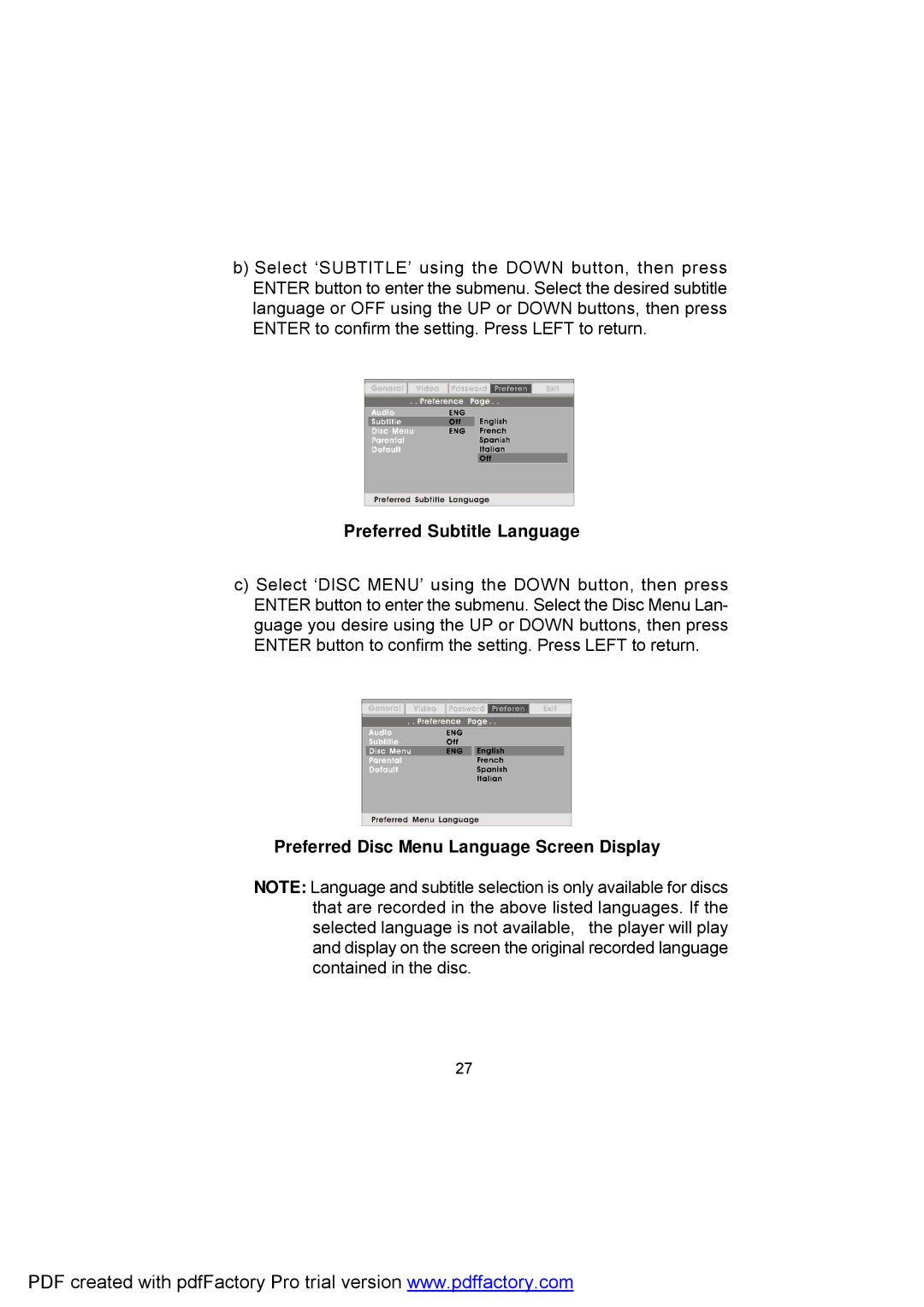 Audiovox D1809 manual Preferred Subtitle Language, Preferred Disc Menu Language Screen Display 