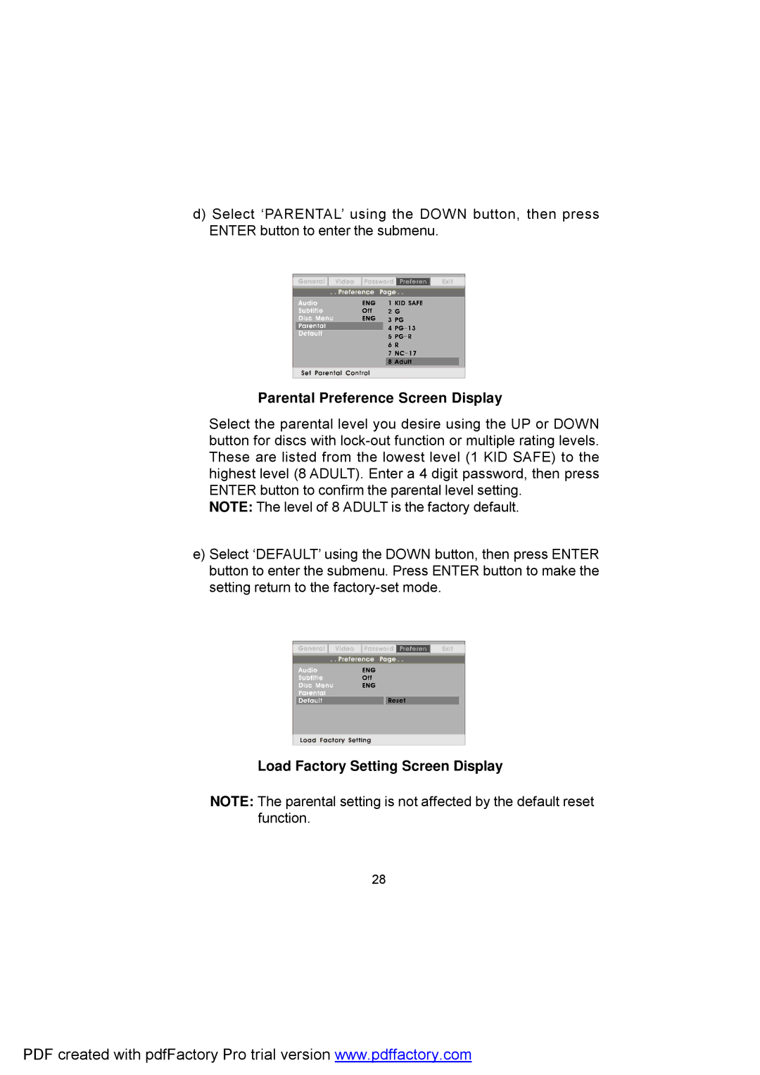 Audiovox D1809 manual Parental Preference Screen Display, Load Factory Setting Screen Display 