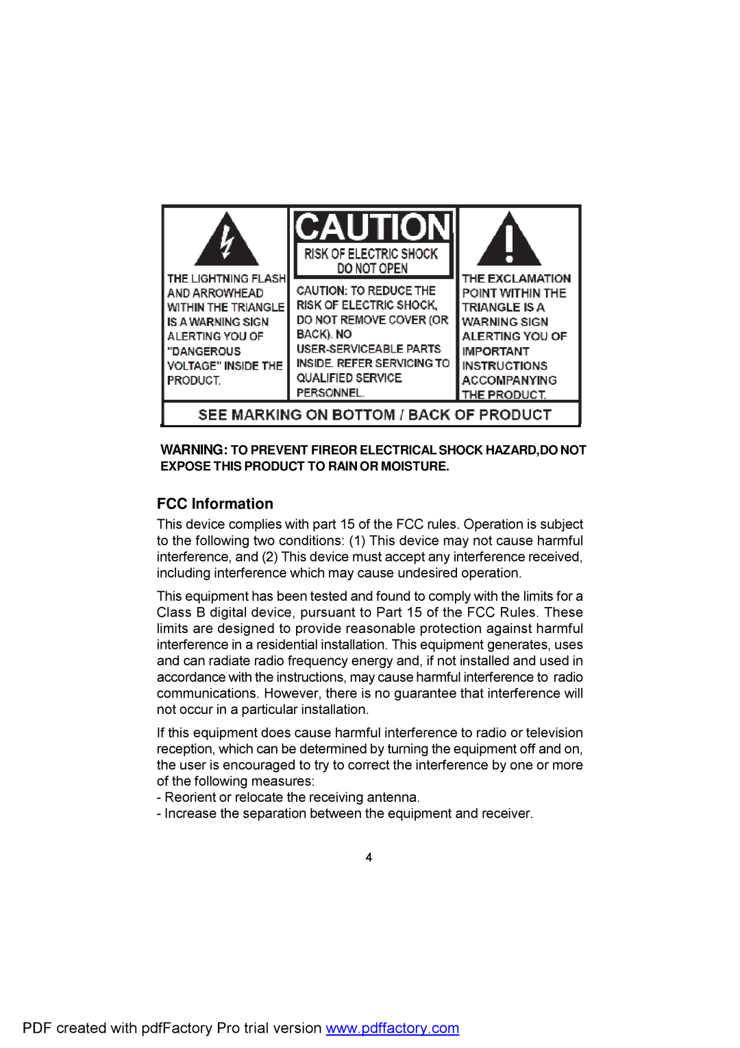 Audiovox D1809 manual FCC Information 