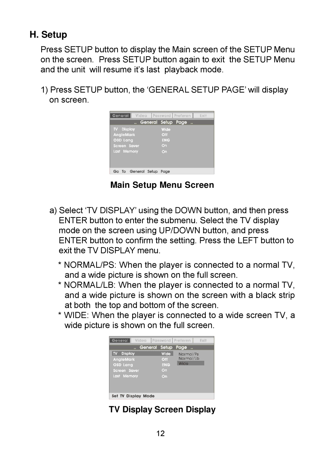 Audiovox D1809PK manual Main Setup Menu Screen, TV Display Screen Display 