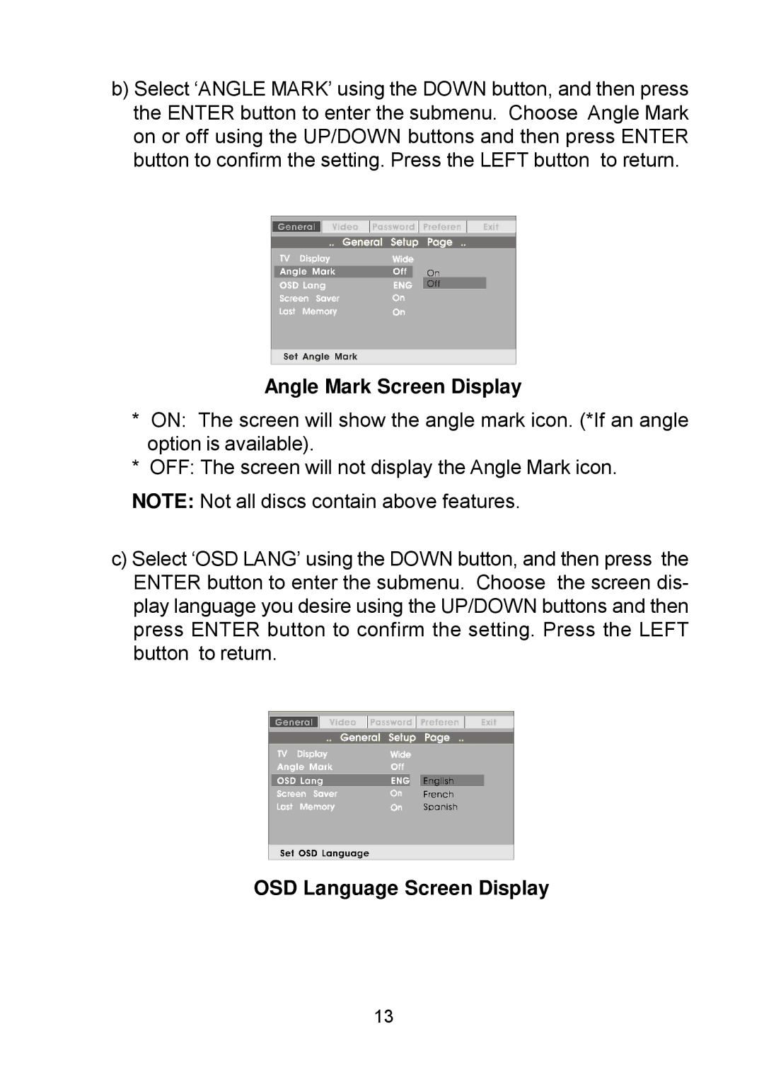 Audiovox D1809PK manual Angle Mark Screen Display, OSD Language Screen Display 