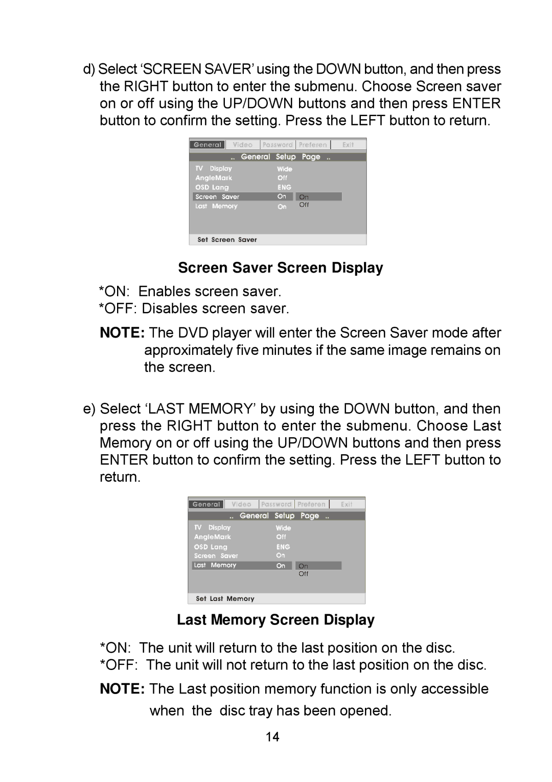 Audiovox D1809PK manual Screen Saver Screen Display, Last Memory Screen Display 