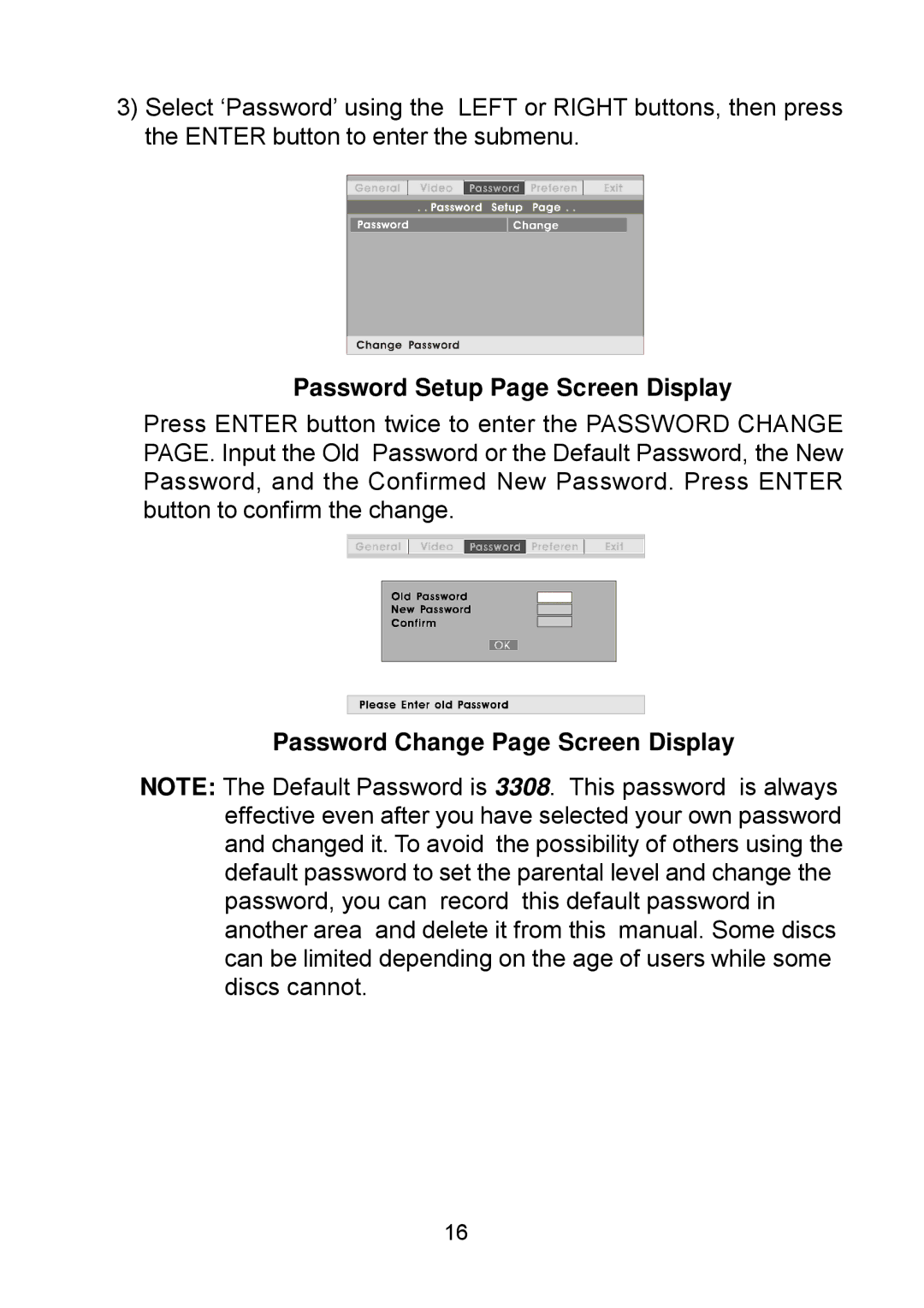 Audiovox D1809PK manual Password Setup Page Screen Display, Password Change Page Screen Display 