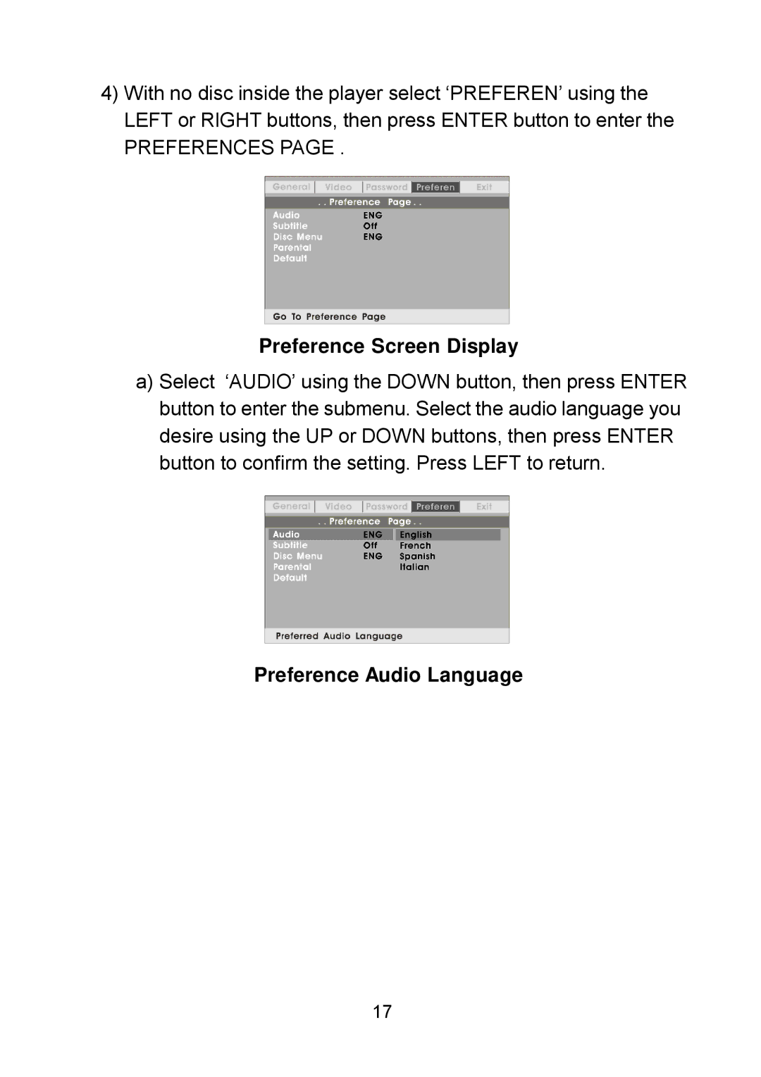 Audiovox D1809PK manual Preference Screen Display, Preference Audio Language 