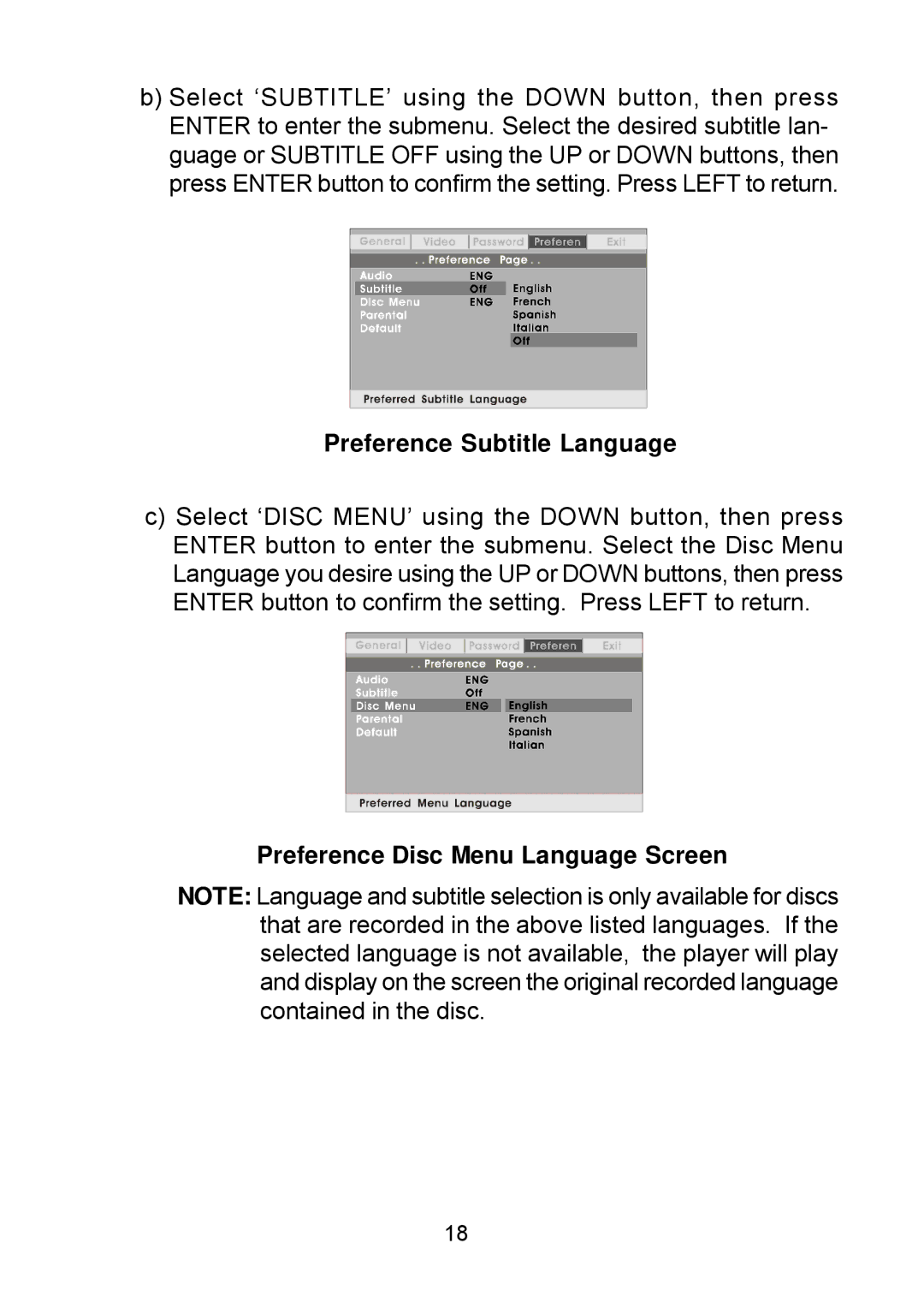 Audiovox D1809PK manual Preference Subtitle Language, Preference Disc Menu Language Screen 