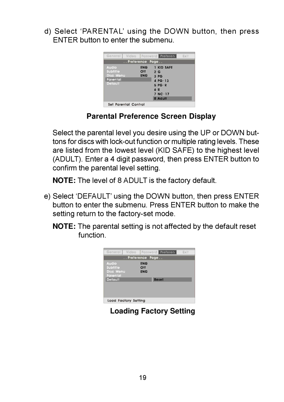 Audiovox D1809PK manual Parental Preference Screen Display, Loading Factory Setting 