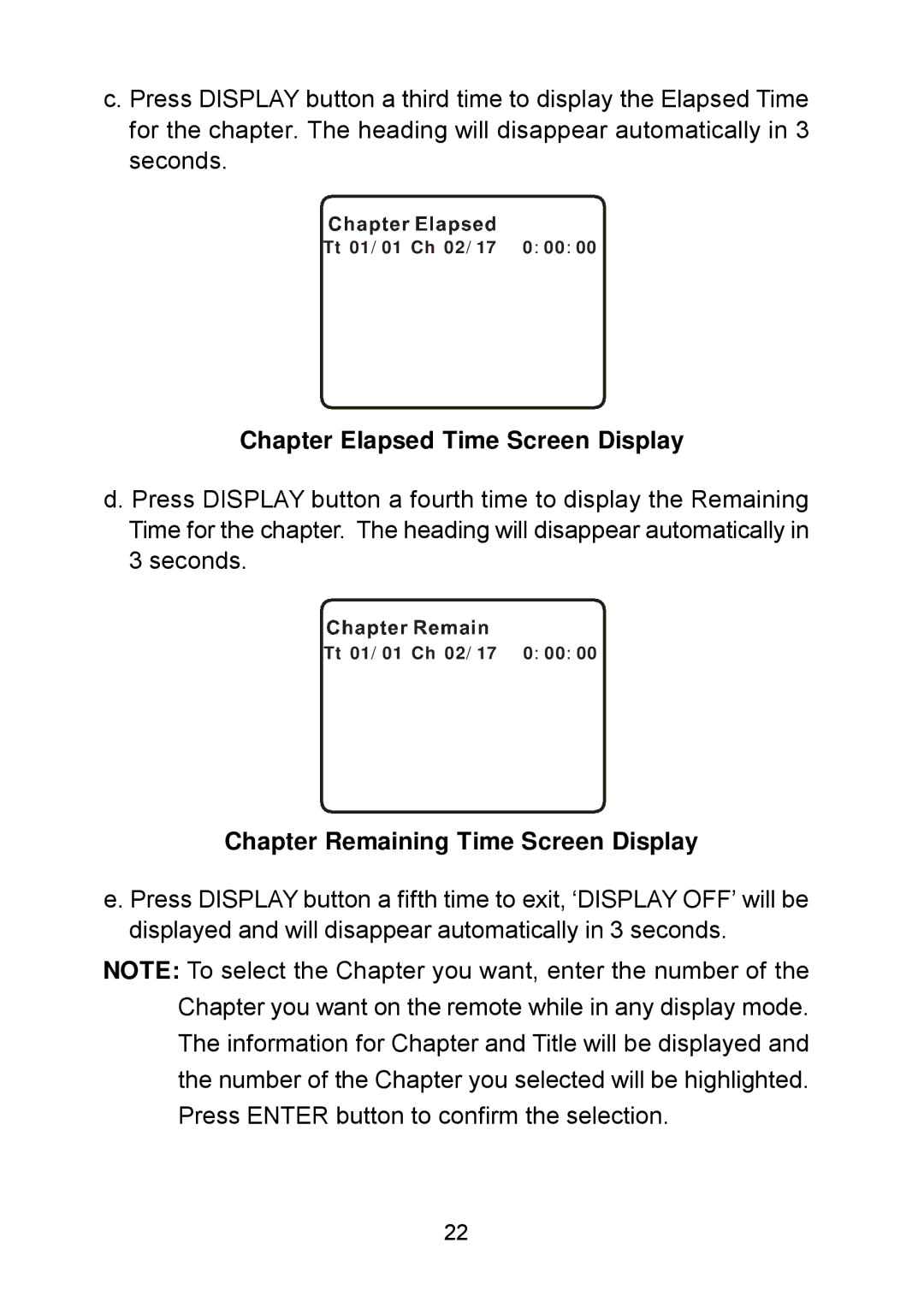 Audiovox D1809PK manual Chapter Elapsed Time Screen Display, Chapter Remaining Time Screen Display 