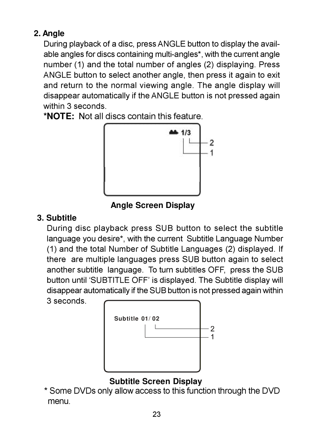 Audiovox D1809PK manual Angle Screen Display Subtitle, Subtitle Screen Display 